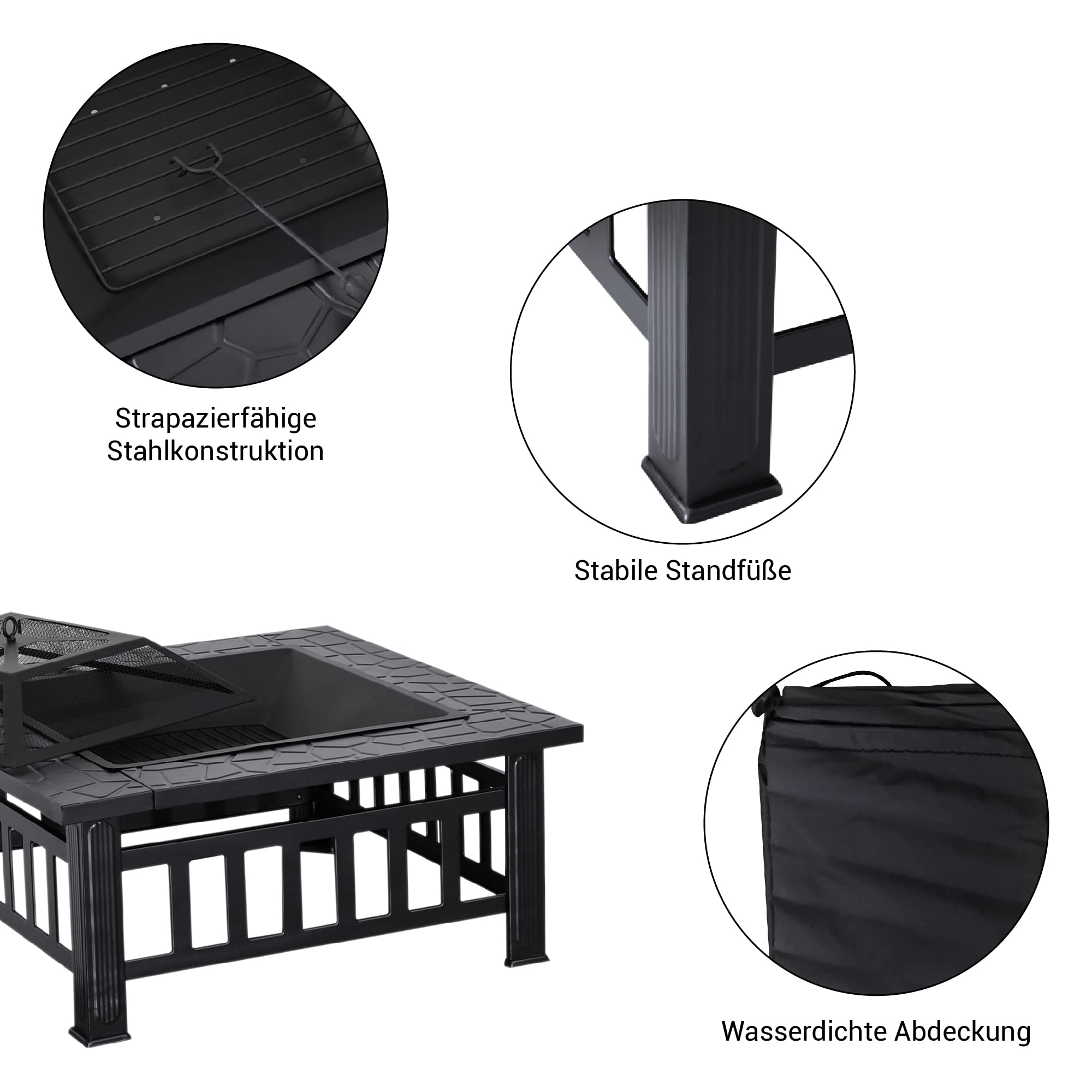 M MCombo Feuerschale mit Grillrost & Funkenschutz, Feuerkorb mit Schürhaken, Feuerstelle für Garten, Terrasse und Balkon 81x81x44,5 cm, 0039