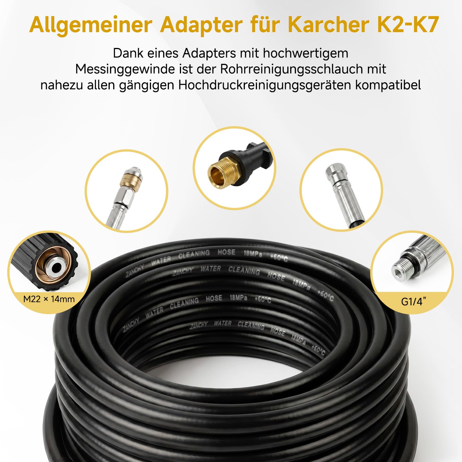 Rohrreinigungsschlauch set 15 Meter, M22 Adapter, Tasche mit Adapter, Düsen starr + rotierend, 240bar 60°C Rohrreinigungsset Geeignet für Kärcher K2, K3, K4, K5, K6, K7 Hochdruckreiniger