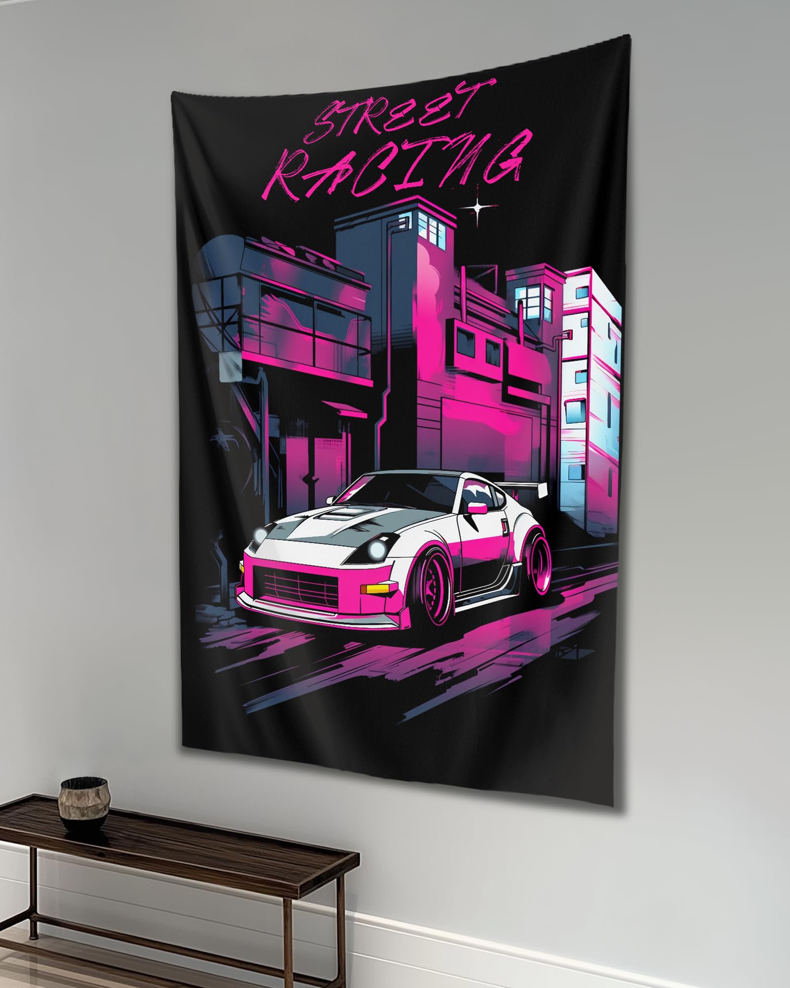 QEOPGNE Car Flag Tapestry for Bedroom Z350 Pink Neon Street Anime Japanese Jdm Car Wall Art Tapestry for Bedroom Living Room Flag Decor Tapestries 40"