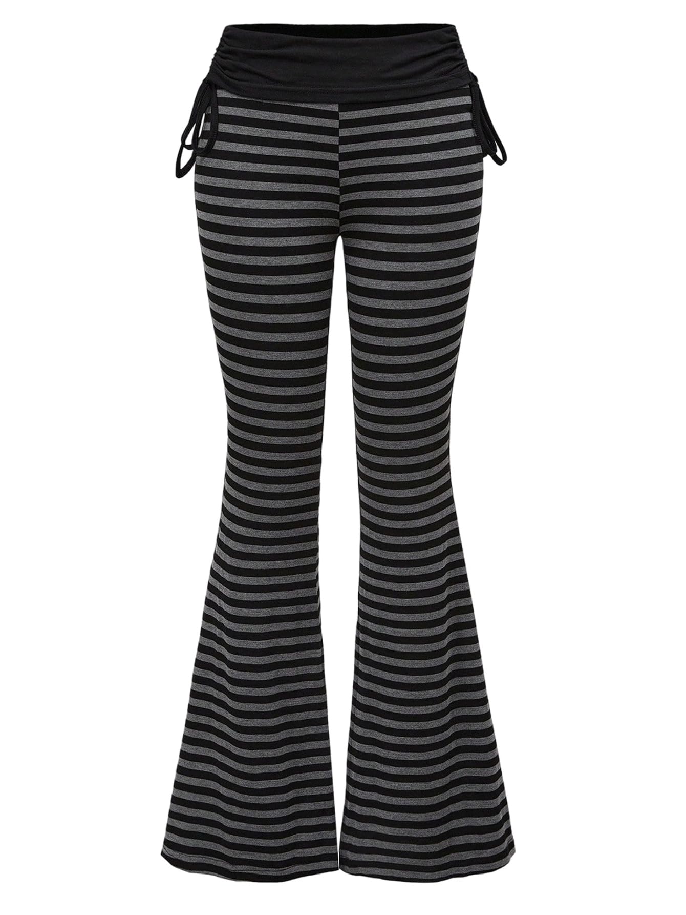 Womens Striped Bell Bottoms Side Drawstring Flare Leggings Low Rise Pants