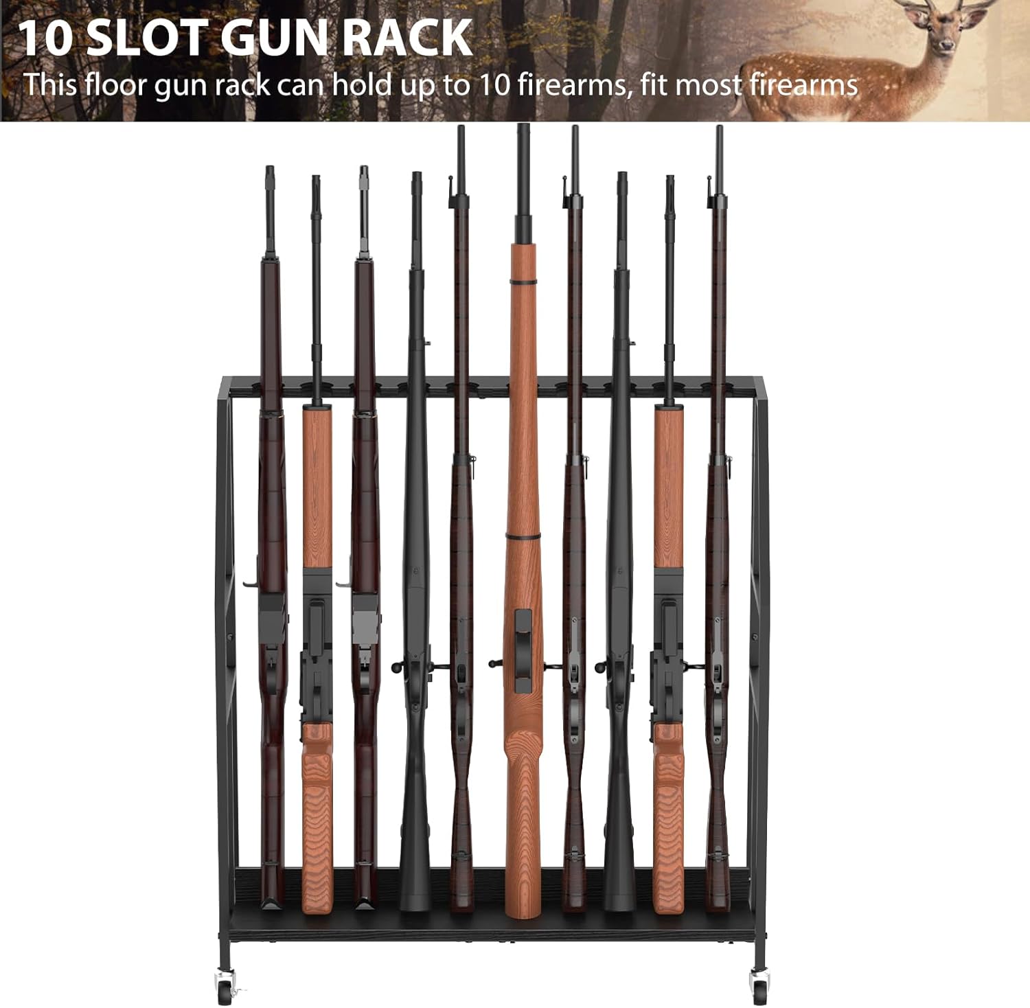 Nandae Gun Racks, Floor Standing Shotgun Rack Indoor Outdoor, Heavy Duty Metal Frame Wooden Rifle Racks with Wheels, Vertical Display Stand for Home Garage Gun Storage - Holds up to 10 Long Guns