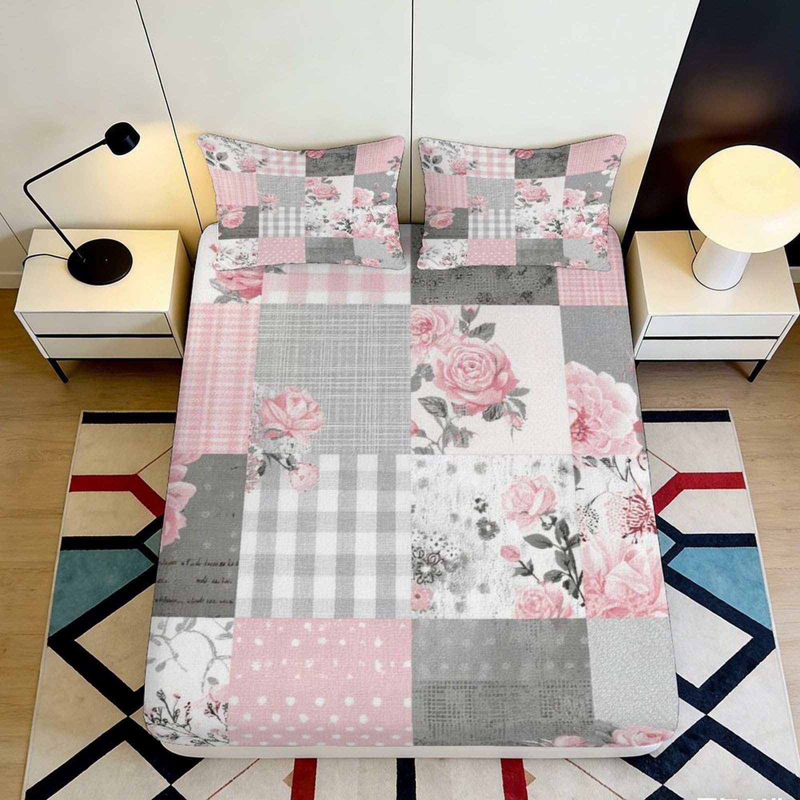 3D Printed Patchwork Floral Fitted Sheet Microfiber Deep Pocket Non-Slip Full Wrap Floral Mattress Fitted Cover for Bedroom 140x200x25cm