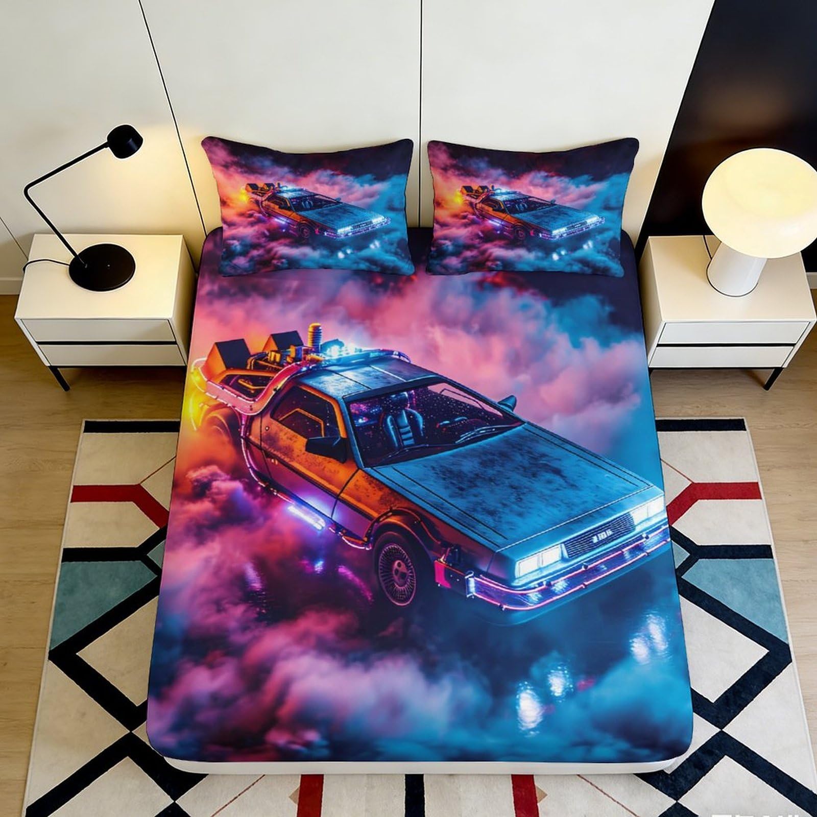3D Printed Retro Futuristic Car Fitted Sheet Microfiber Soft Neon City Mattress Cover for Bedroom Dorm Decor 90x200x25cm