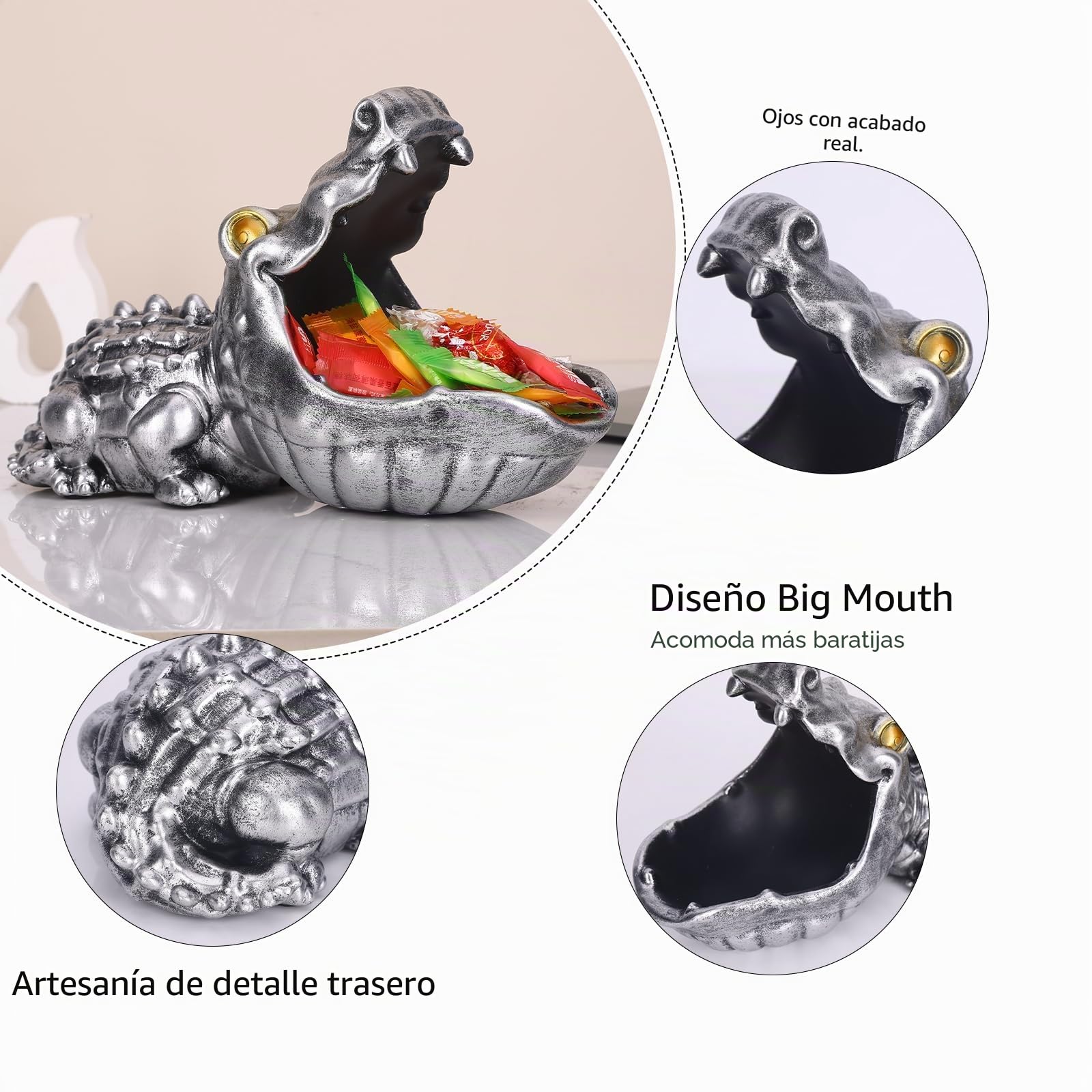 LCCCK Plato para caramelos de cocodrilo, divertido cuenco para llaves de estatua de cocodrilo para mesa de entrada, escultura de boca grande plateada, cuenco de caramelos de hipopótamo extraño, para