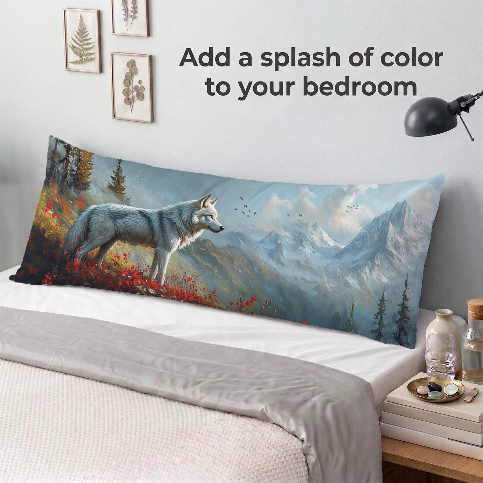 Poduszka do spania na boku 60 x 180 cm, aksamitna, wilk, poszewka na poduszkę, krajobraz z ukrytym zamkiem błyskawicznym, do poduszek do przechowywania i poduszek do karmienia, łagodzi bóle karku