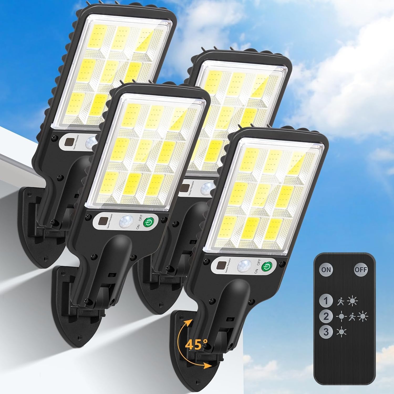 Flumy Outdoor Street Lights Solar Powered - 108 Solar Motion Lights Outdoor Dusk to Dawn Outside Remote Control, 6500K Adjustable Flood Lighting, IP65 Waterproof Luces Solares Yard Wall Porch 4 Pack