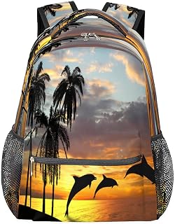 Mochilas escolares leves para meninos e meninas, palmeira adolescente, golfinho, animal, impermeável, 40,6 cm, para viagem, laptop, mochila casual, adequada para homens e mulheres, trabalho, viagens, caminhadas, acampamento, Multicor, Medium