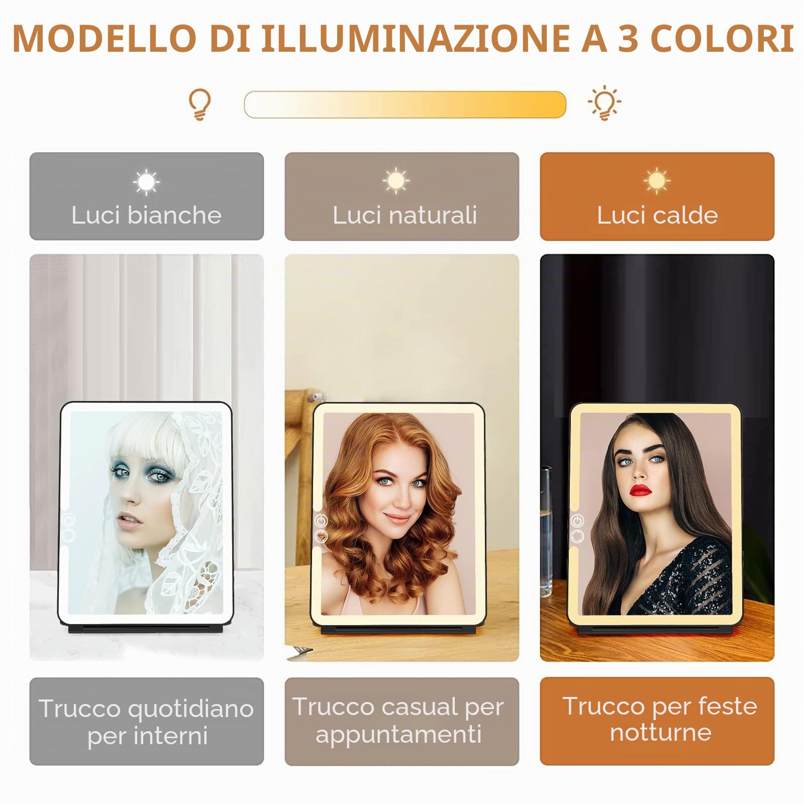 WEILY Specchio Trucco con 72 Luci LED, Touch Screen Tre Colori Regolabile, 2000 mAh USB Ricaricabile Specchio da Viaggio (Nero)