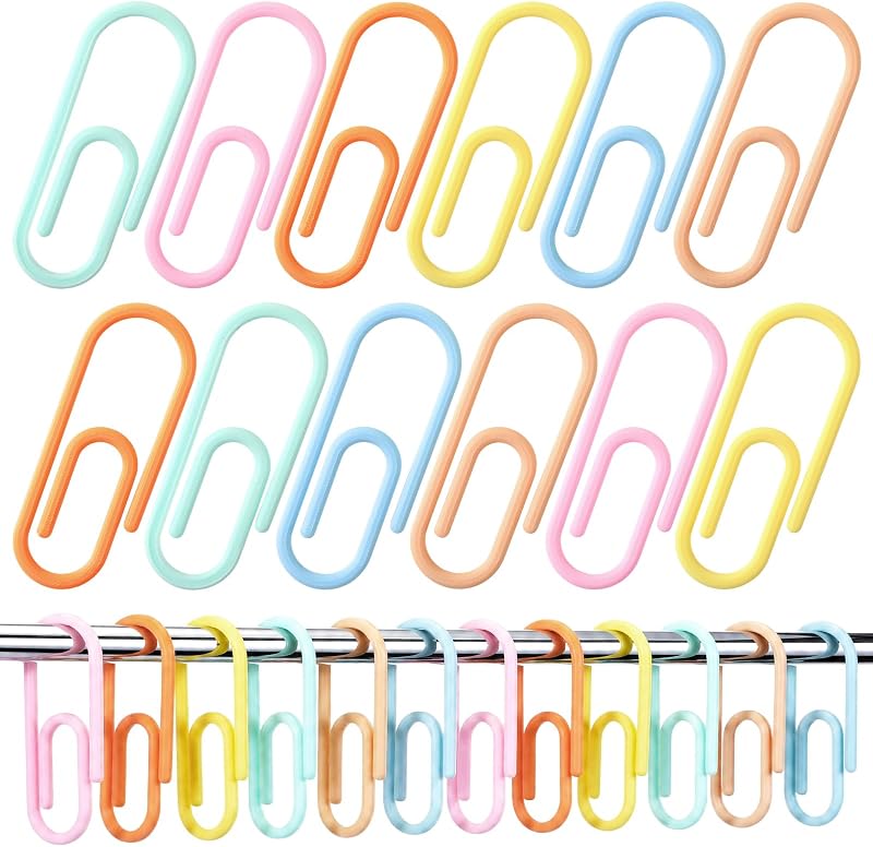 CroBlissful Macaron Color 12 Pcs Jumbo Paper Clips Shower Curtain Hooks Rings for Bathroom Rod Paperclip-Shaped Colorful Plastic Hooks for Shower Curtain Easy Gliding Rings Fits Most Size Rods