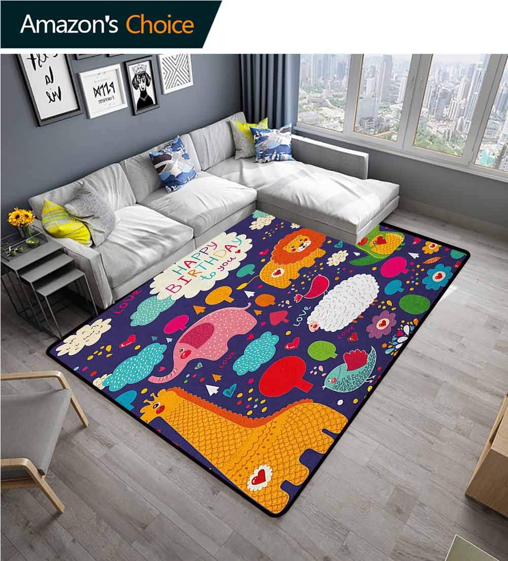 Kids Birthday Moiré Kids Carpet Playmat Rug, Cartoon Safari Animals with Cute Sweet Hearts Flowers and Clouds Image Print, Easy Maintenance Area Rug Living Room Bedroom Carpet(4'x 6') Multicolor