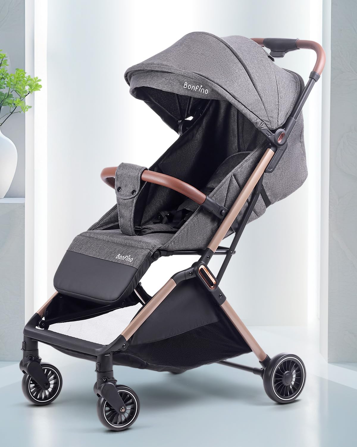 Bonfino AirLuxe Premium Cabin Baby Stroller with Compact Tri-Fold,Reclining Backrest&5-Point Safety Harness,Lightweight Pram for Baby,Stroller for 0-3Years with Storage Basket&Swivel Wheels,Black-image-6