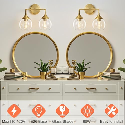 Miniatura 2 de Lámpara de tocador de baño dorada con pantalla de vidrio transparente, base E26, 2 lámparas de baño sobre espejo, luces de tocador de 14 pulgadas