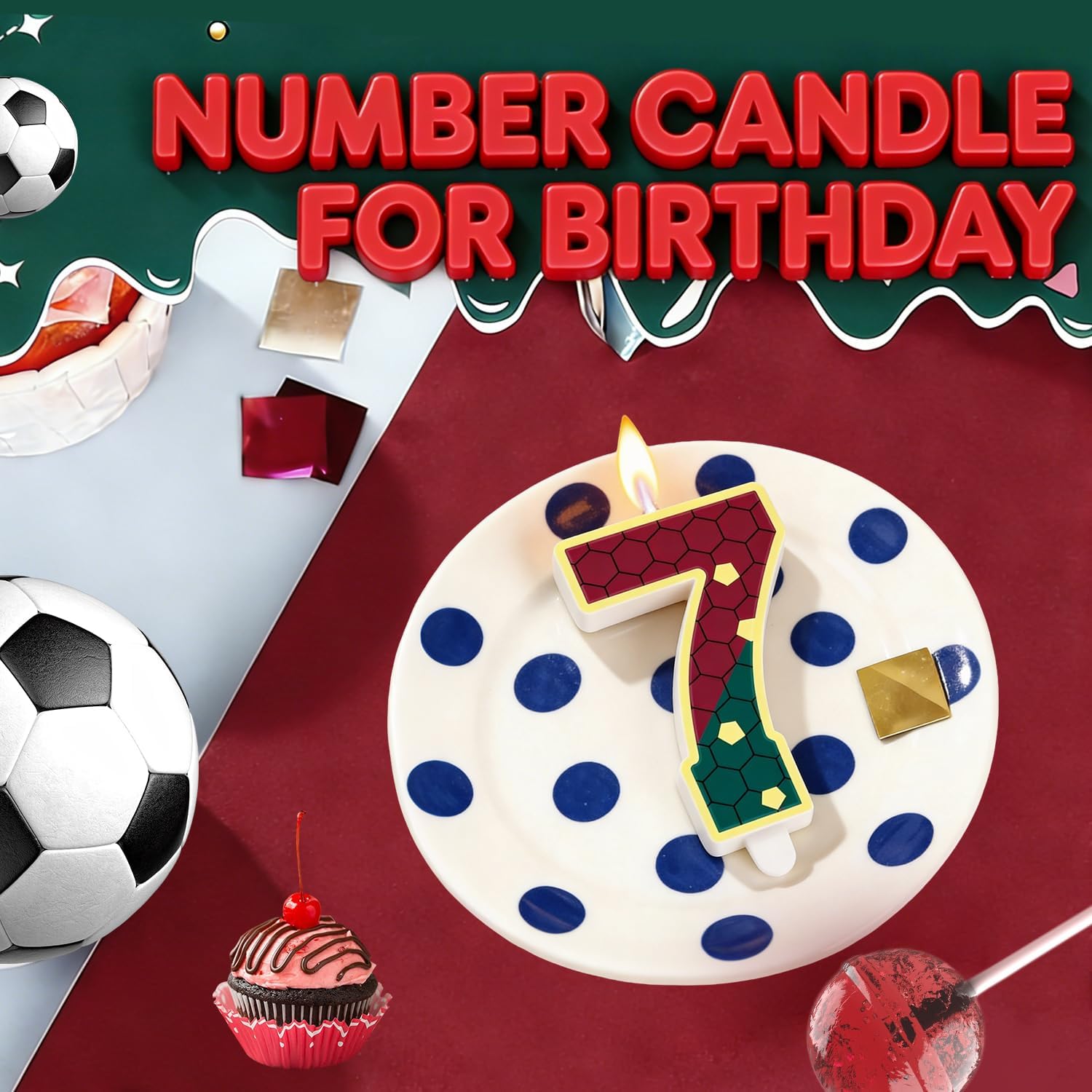 Red and Green Soccer Birthday Candles 7th Soccer Themed Birthday Party Decorations, Football Cake Candles for Sports Star Theme Party Supplies