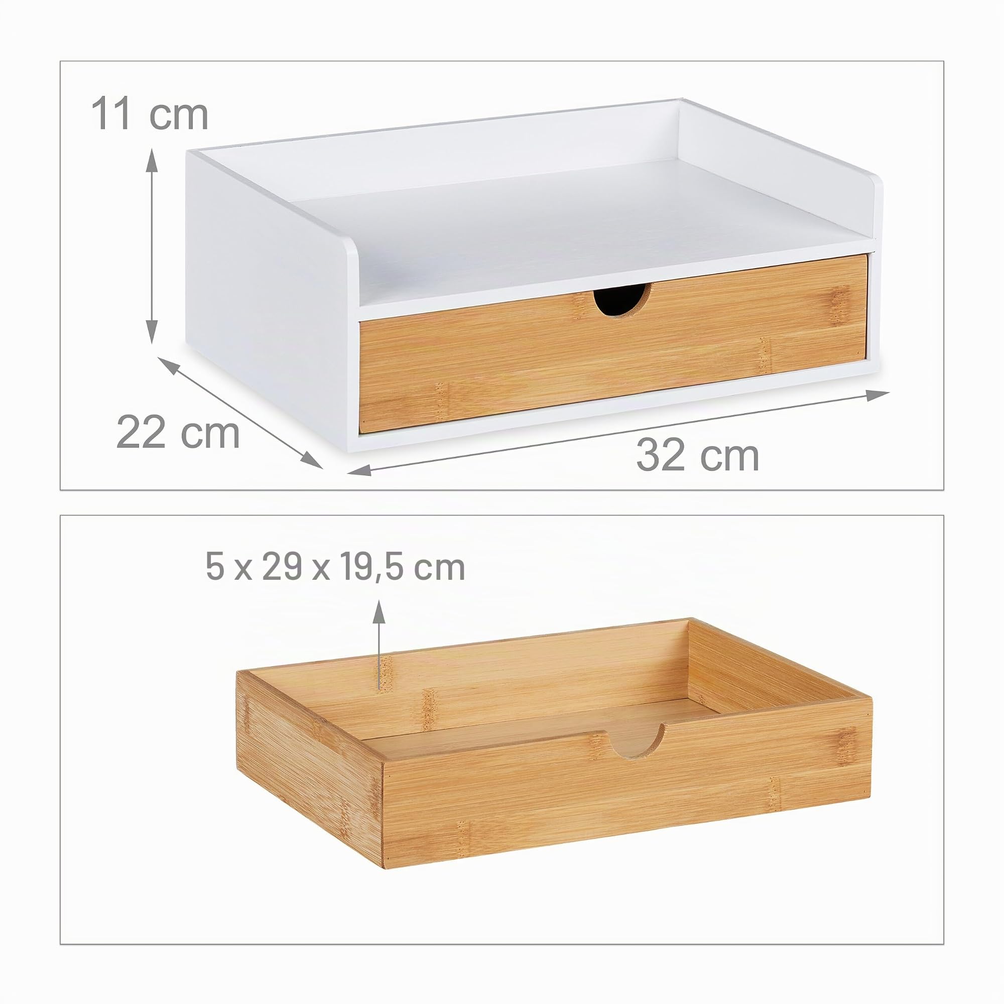 Relaxdays Organizer da Scrivania, 1 Cassetto, Ripiano per Documenti DIN A4, bambù, HLP: 11 x 32 x 22 cm, Bianco/Naturale