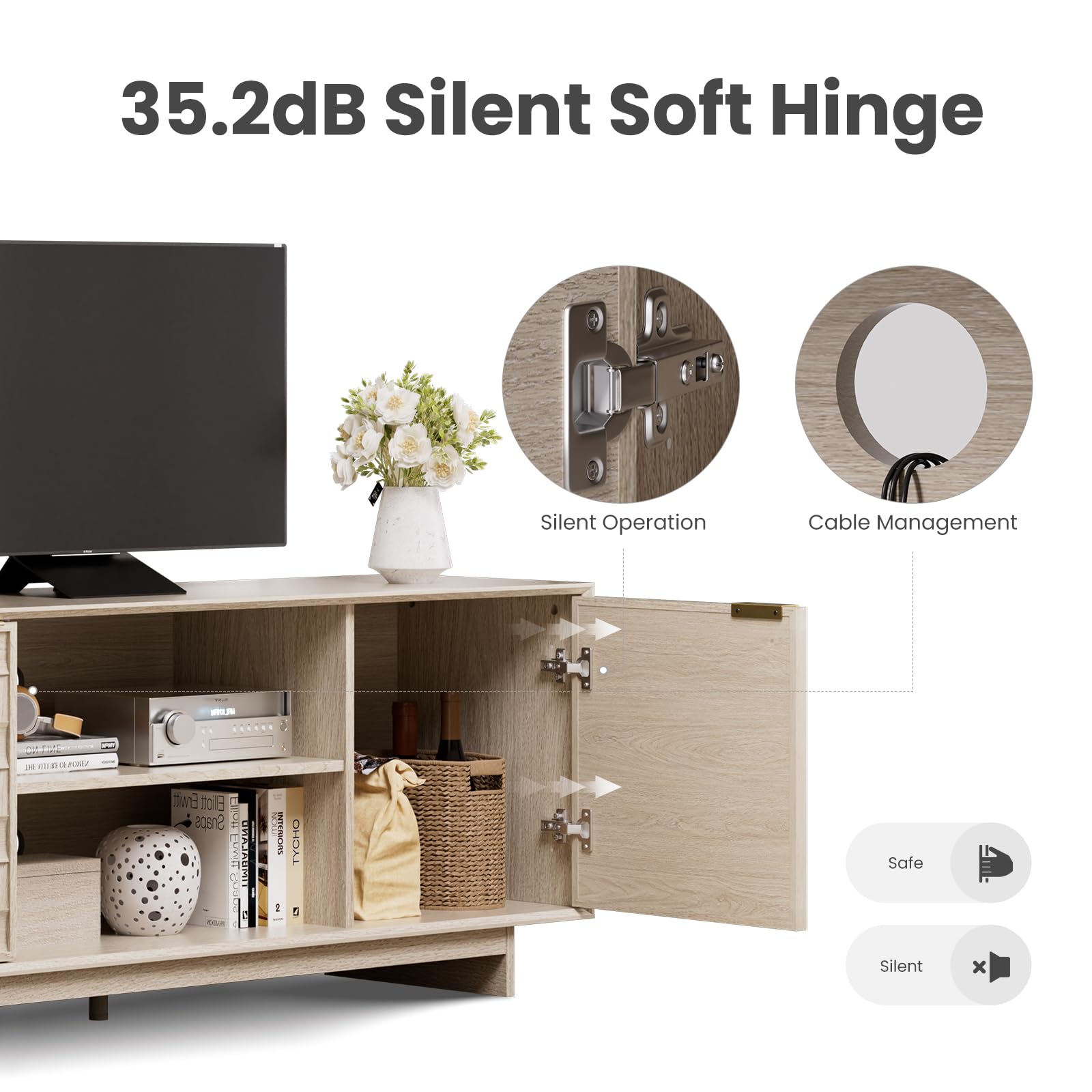 COLAMY TV-Schrank mit Zwei Türen, Entertainment-Center 150 cm mit verstellbaren Einlegeböden und Stauraum, Mid-Century Modern TV-Board für 50/55/65 Zoll Fernseher, Media-Konsole für Wohnzimmer, Eiche