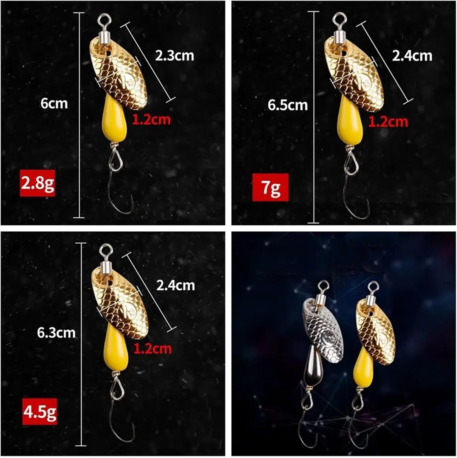 2.8/4.5/7g Rotating Spinner Spoon Fishing Lure Artificial Metal Sequins Bait Single/Treble Hook Wobblers Bass Trout Perch Pesca (Size : 2.8g)
