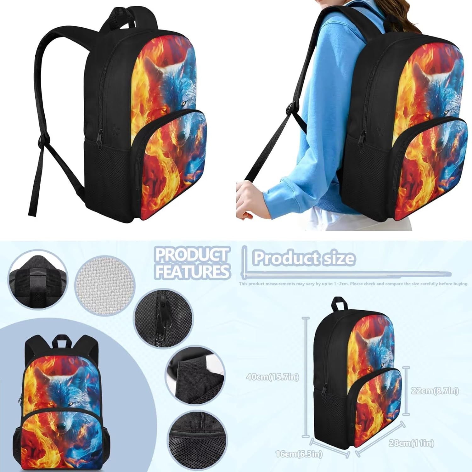 Ystardream Fire Wolf Backpack for Boys 8-12 Kindergarten School Backpack with Lunch Bag and Pencil Bag, Cool Magical Animal Bag For Children Boys and Girls Bookbag,Wear Resistant