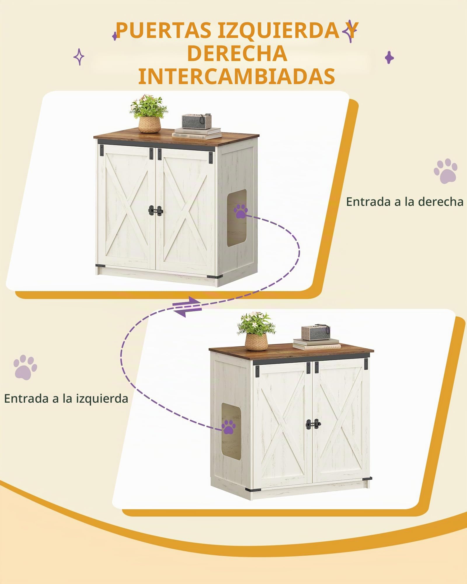 Hzuaneri Arenero para Gatos, Armario Oculto con Espacio de Almacenamiento, Caseta con Imanes, Estilo Rústico, 80 x 50 x 79,5 cm, Apto para Pasillo y Dormitorio, Blanco Marrón CB85414X
