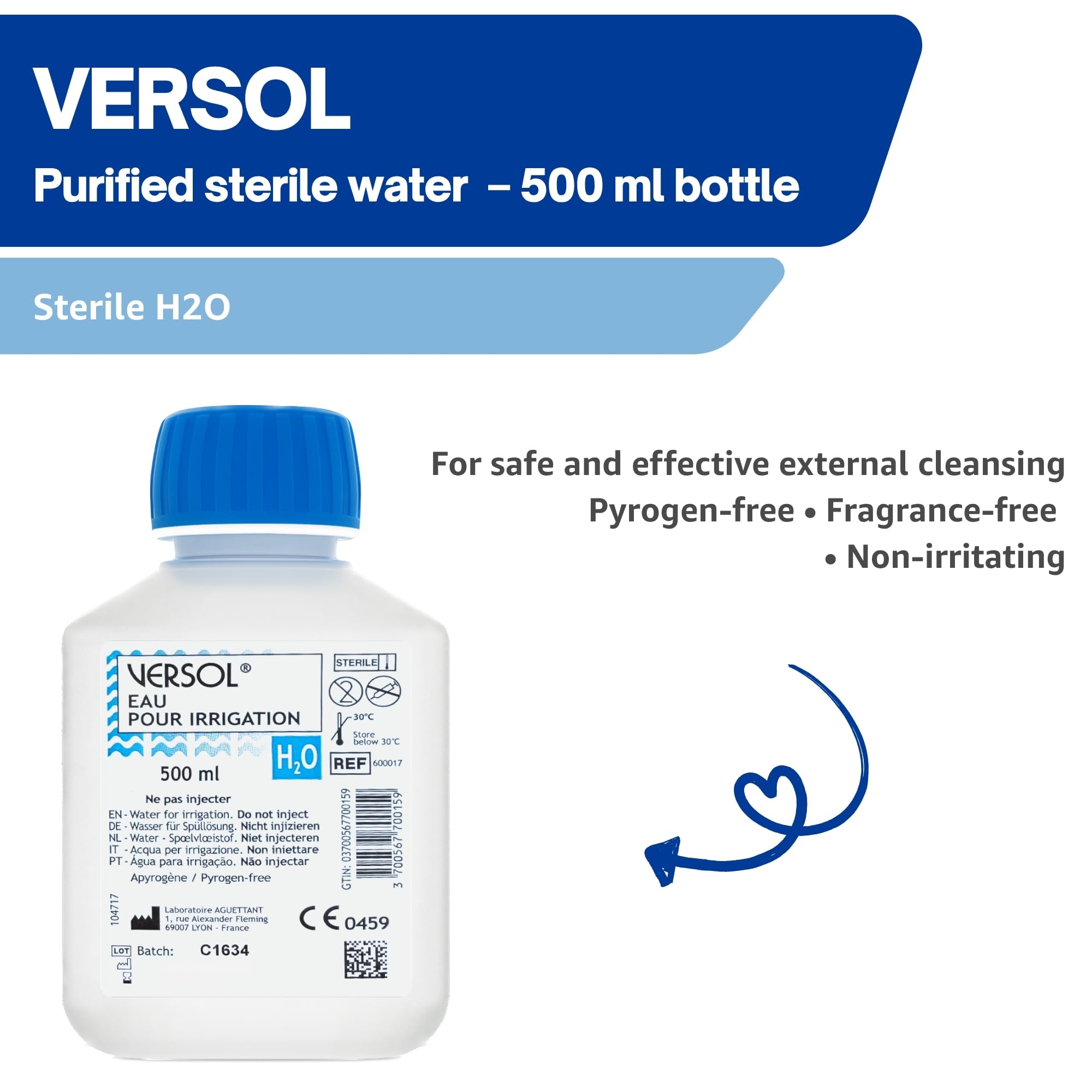 9 X 500 ml - VERSOL Steriles Wasser zur Spülung – Gereinigtes Wasser H₂O – Sterile, pyrogenfreie Lösung zur Wundreinigung, Hautpflege, Kontaktlinsenbehälter-Spülung, tägliche äußere Hygiene