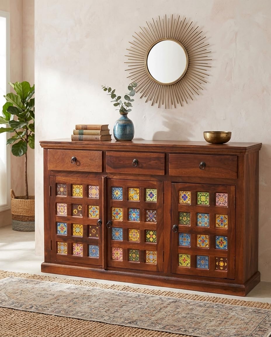 Solid Sheesham Wood Sideboard Cabinet with Handcrafted Ceramic Tile Inlay | 3 Doors & 3 Drawers Storage Cabinet | Wooden Buffet Cabinet for Living Room, Dining Room & Entryway | Honey Oak Finish-image-36