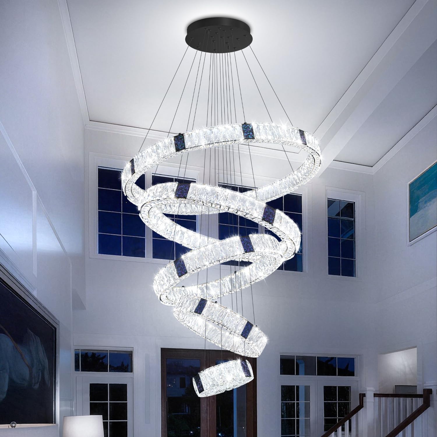 IDEQUY Large 5 Ring Chandelier Adjustable Height Modern LED Crystal Chandelier for High Ceiling Staircase Foyer, D7.9''+15.7''+23.6''+32''+40''