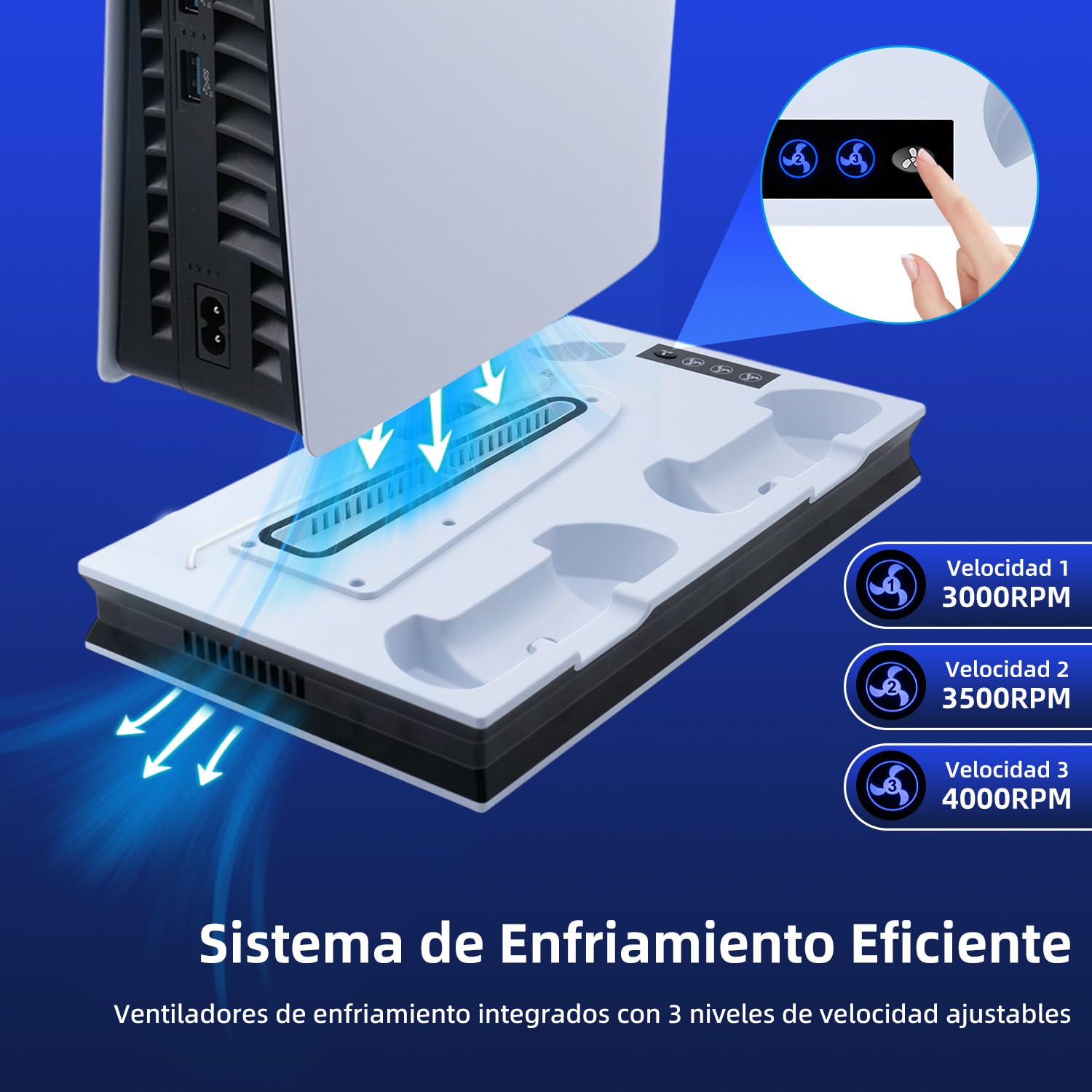 Wigearss PS5/PS5 Slim/PS5 Pro Soporte Vertical Ventiladores de Refrigeración y Estación de Carga de Dual Dontrolador, Soporte Multifuncional con Iluminación LED para Consola PS5/PS5 Slim/PS5 Pro
