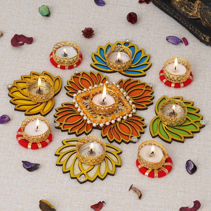 Image of Sanvatsar Home Decorative Lotus Rangoli & Lotus Deepak Set | Corporate Gift, Diwali Gift, Deepak for puja Home Decoration Light Deepak, Christmas Candle, Lighting, New Year Candle Set of 9 (Orange)