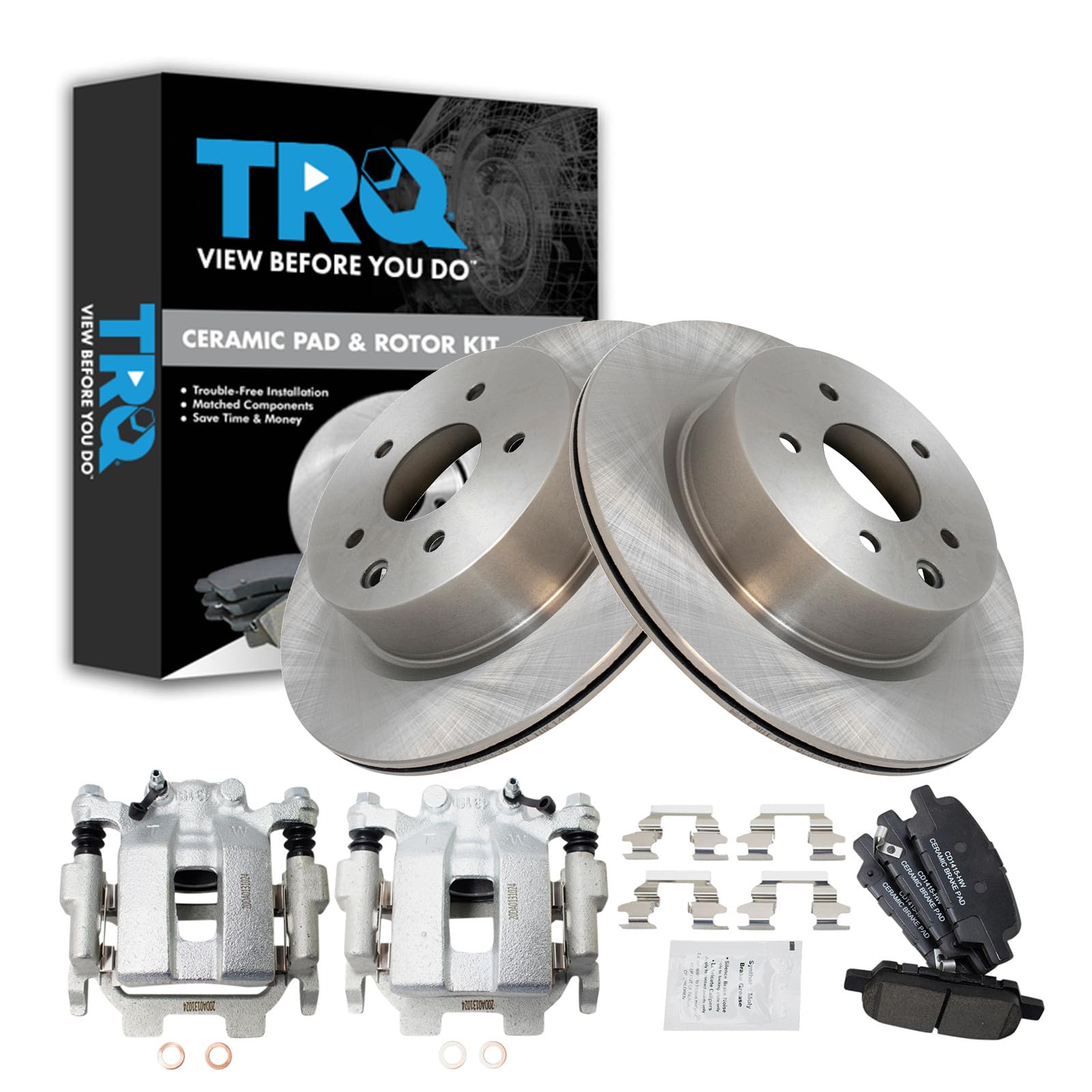 TRQ Rear Brake Pad and Rotor Set Ceramic Rotors Calipers Compatible with 2011-2012 Infiniti G25 2011-2013 G37 2015 Q40 2010-2017 Nissan 370Z