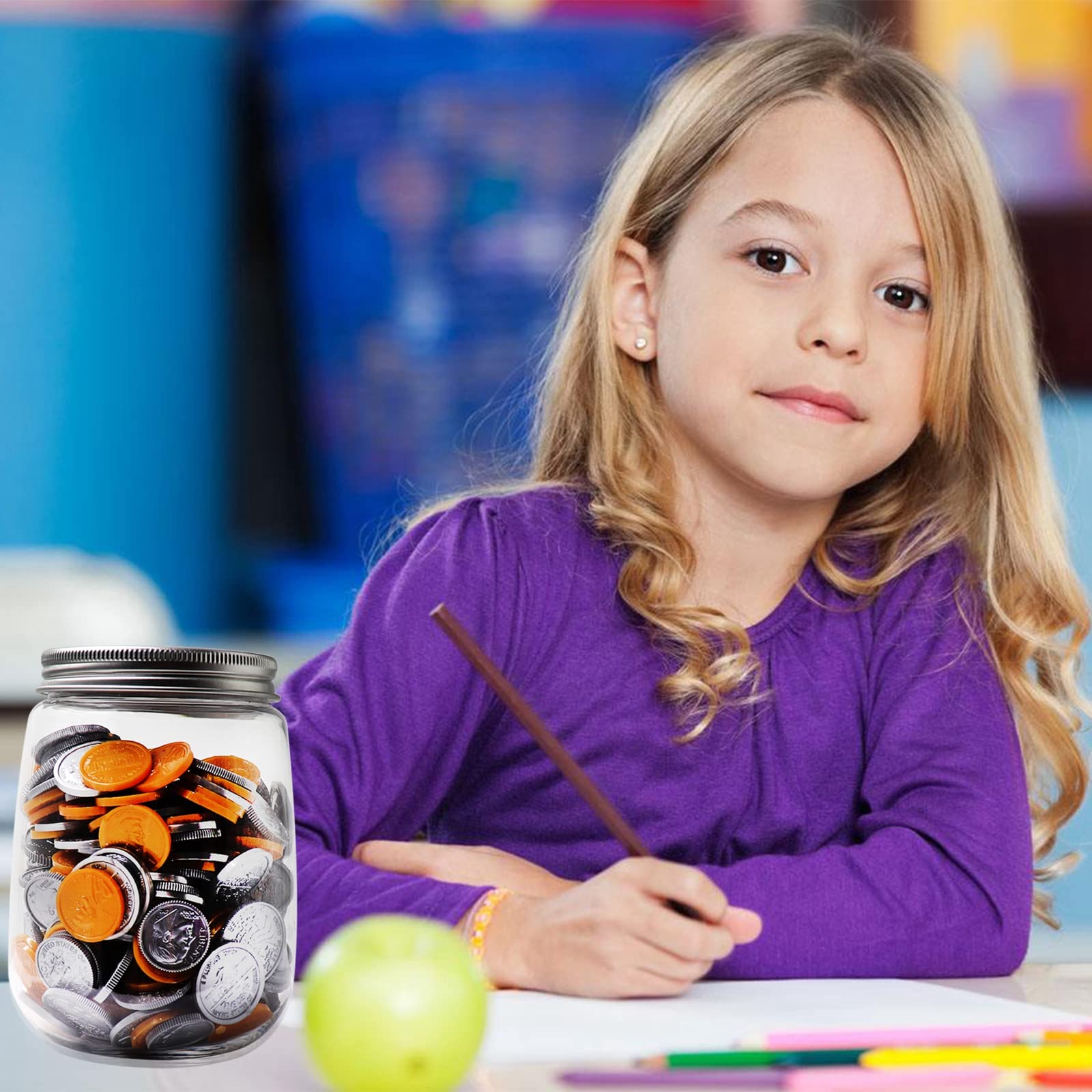 Tarros pequeños de plástico transparente para monedas, paquete de 4, 16 onzas con tapas ranuradas plateadas, alcancías transparentes para adultos, adolescentes y niños 4