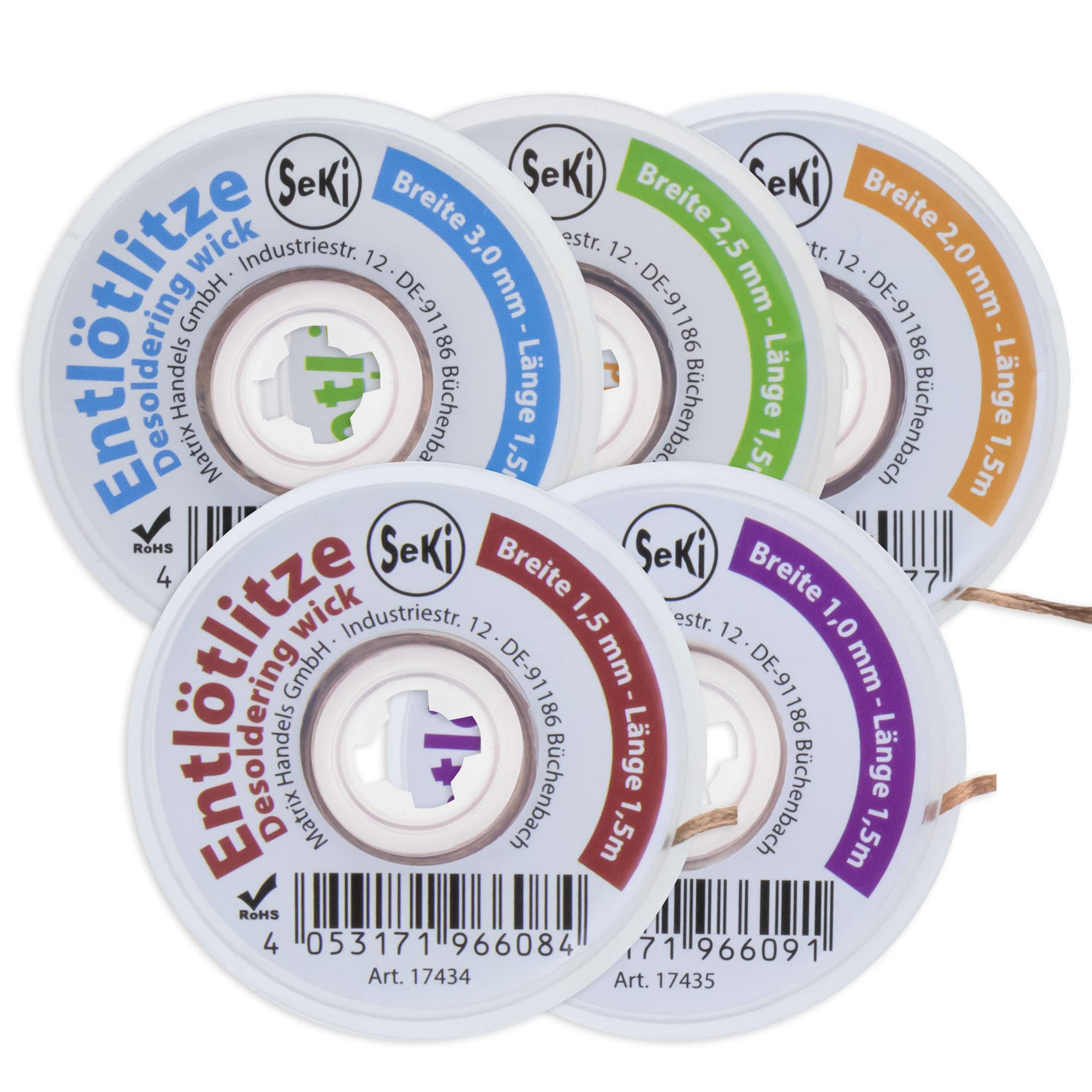 SeKi Assortimento di 5 dimensioni di 1,0 – 3,0 mm ciascuno lungo 1,5 metri; aspirazione dissaldante – Alta potenza di aspirazione