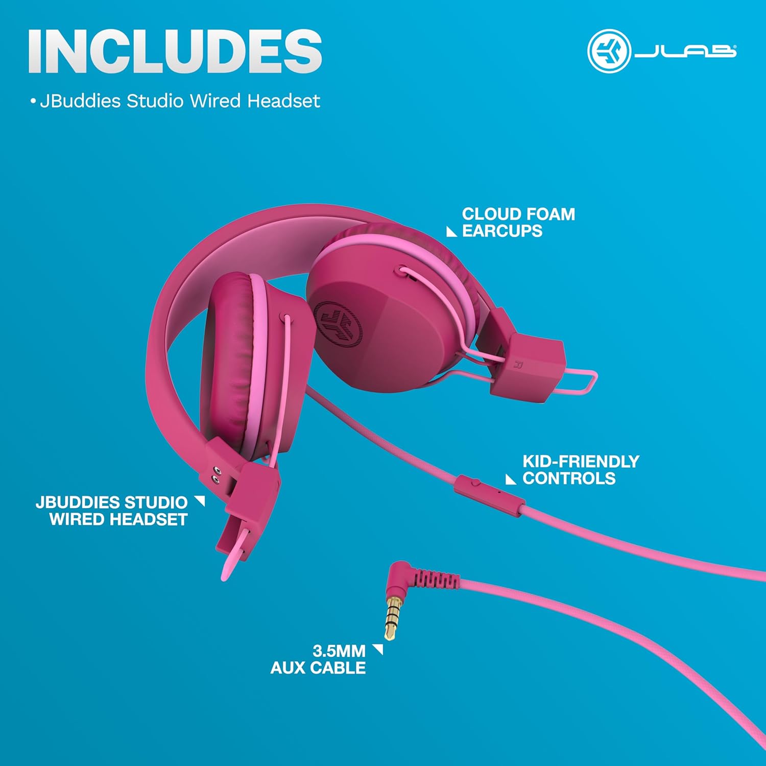 JLab JBuddies Studio On-Ear Kids Wired Headphones, Toddler Headphones, Kid Safe, Studio Volume Safe, Volume Limiter, Folding, Adjustable, Noise Isolation, with Mic (Dark Pink) - Image 7