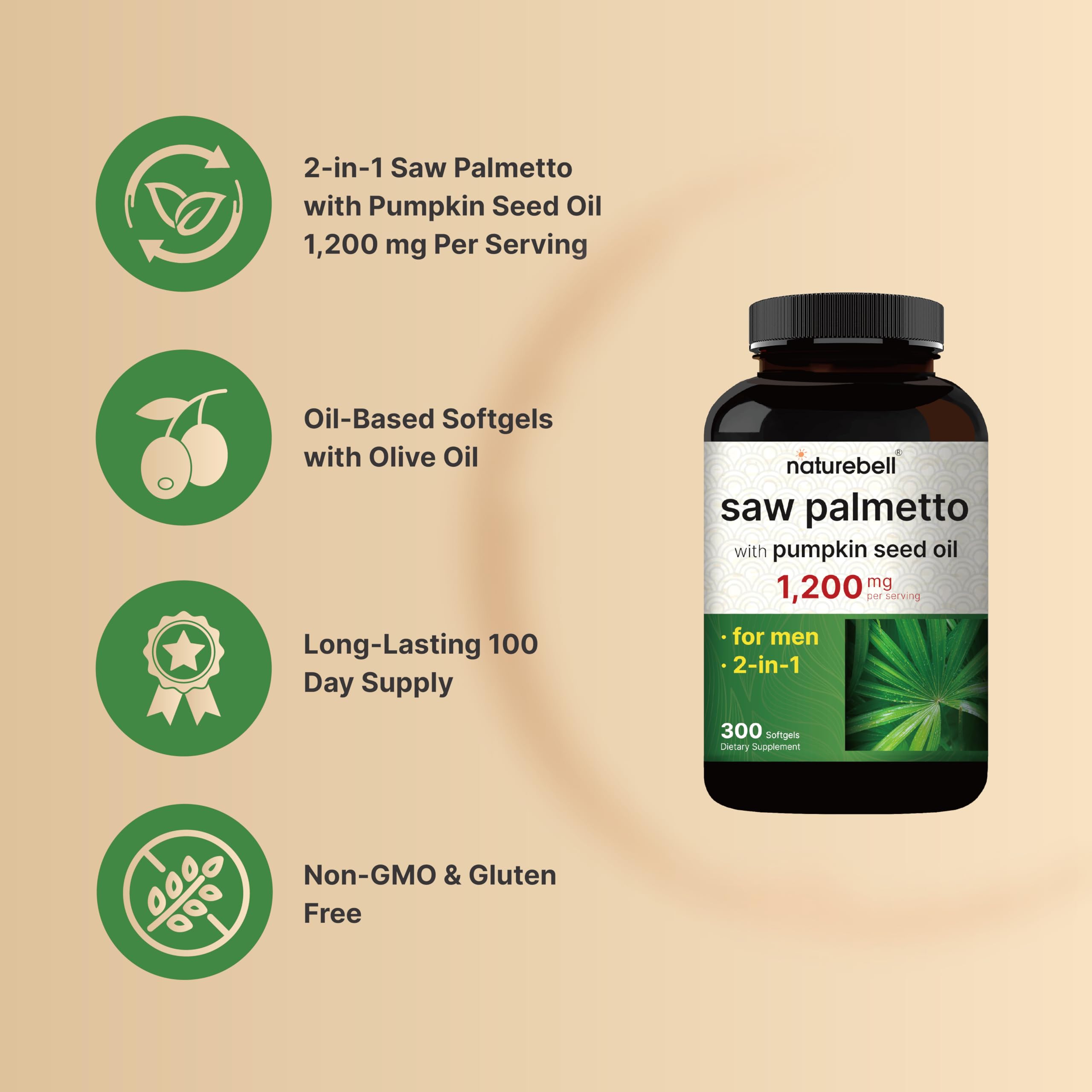 Saw Palmetto for Men with Pumpkin Seed Oil, 1200mg, 300 Softgels — Amazon image 3