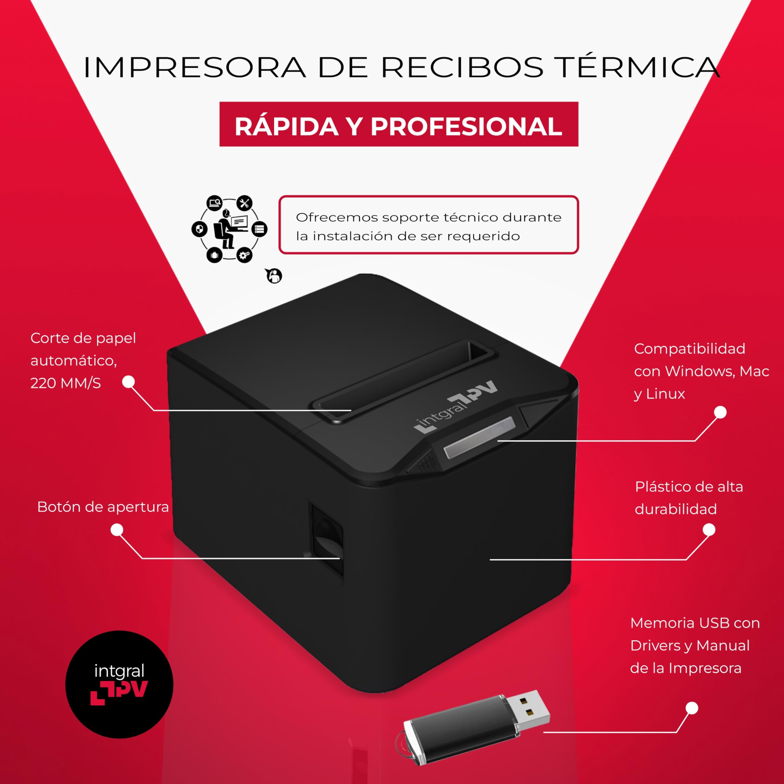 8370 Impresora Térmica Recibos/Tickets 80mm – Puerto/Conexión: USB, LAN/RJ45, RJ11 – Corte Automático – Win, Linux, Android, Mac – Rollo Extra y pendrive Drivers – TPV POS (Negro)
