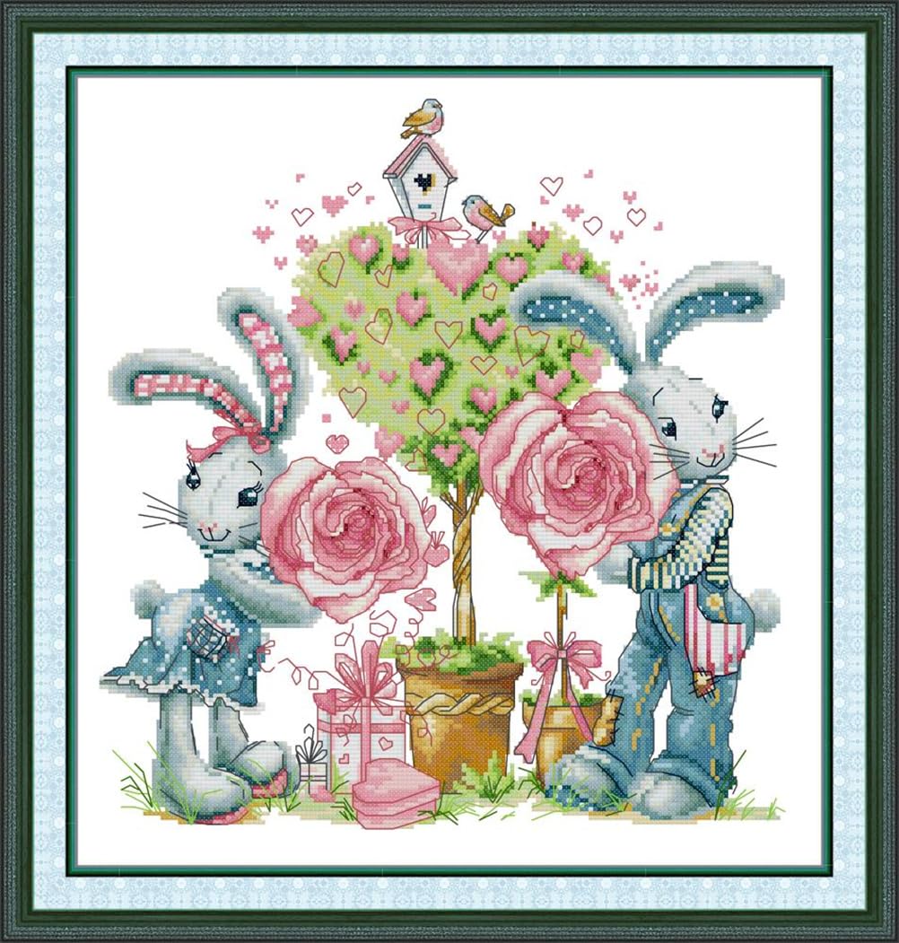 Meecaa Cross Stitch Kits 14 Count Stamped, Bunny Rose Tree Love Embroidery Kit with Accessories Pre Printed（38×41CM (Bunny)