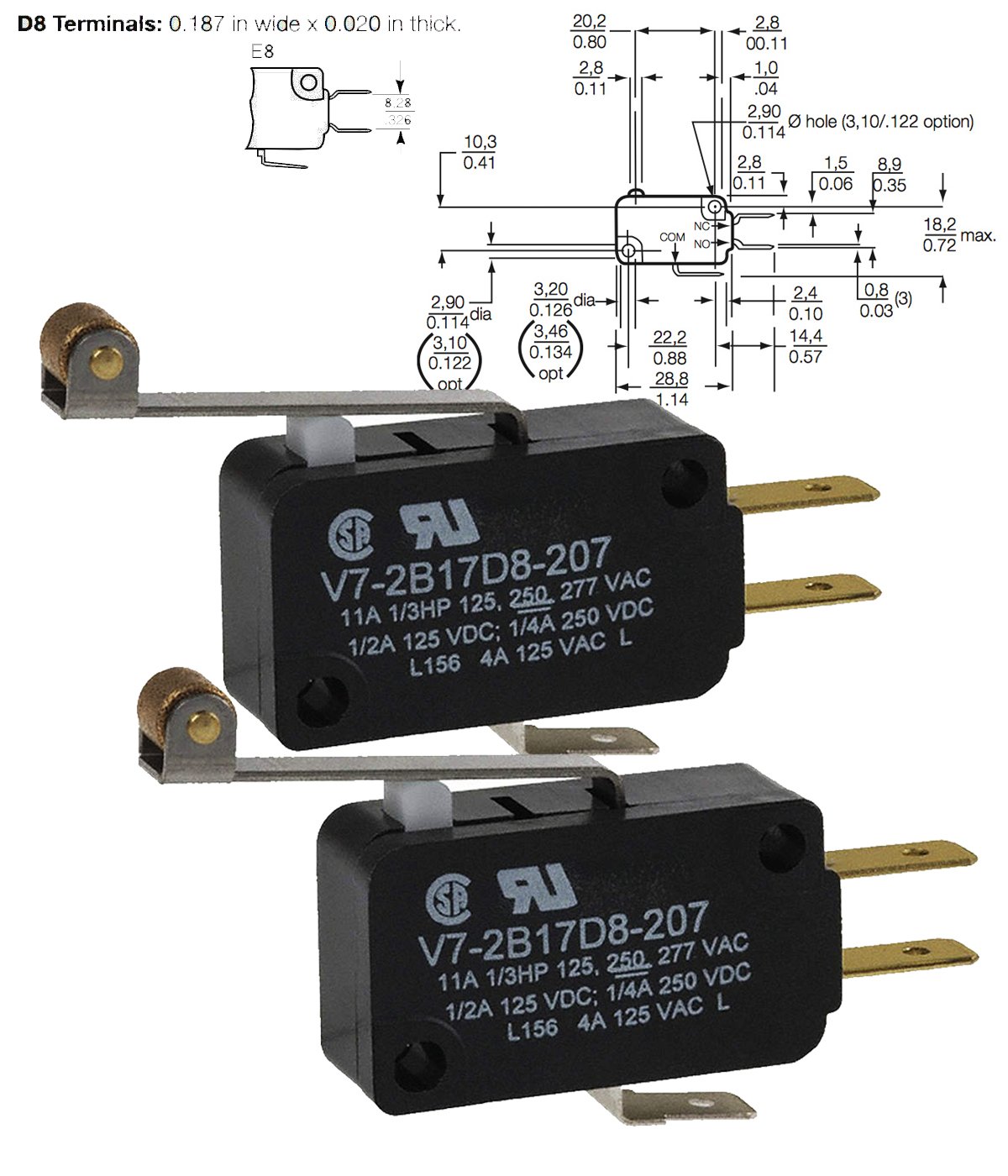 Honeywell Mini Snap Action Switch - SPDT, Roller Lever, 3A, 277V AC (V7 Series) - View #6