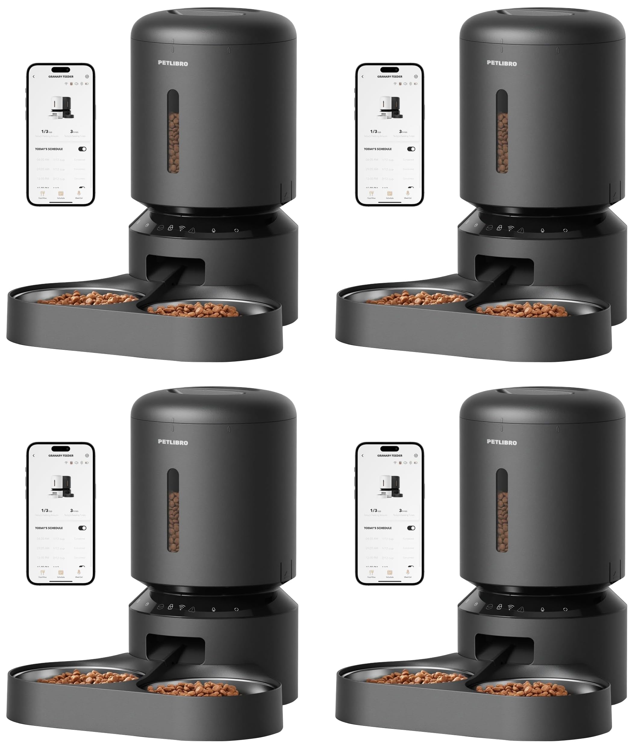 PETLIBRO Automatic Cat Feeder for 2 Cats,5G&amp;2.4G WiFi Pet Feeders,5L Programmable Cat Food Dispenser with Airtight Lock-Fresh Technology,Dual Stainless Steel Bowls,Low Food Sensor,(Pack of 4)