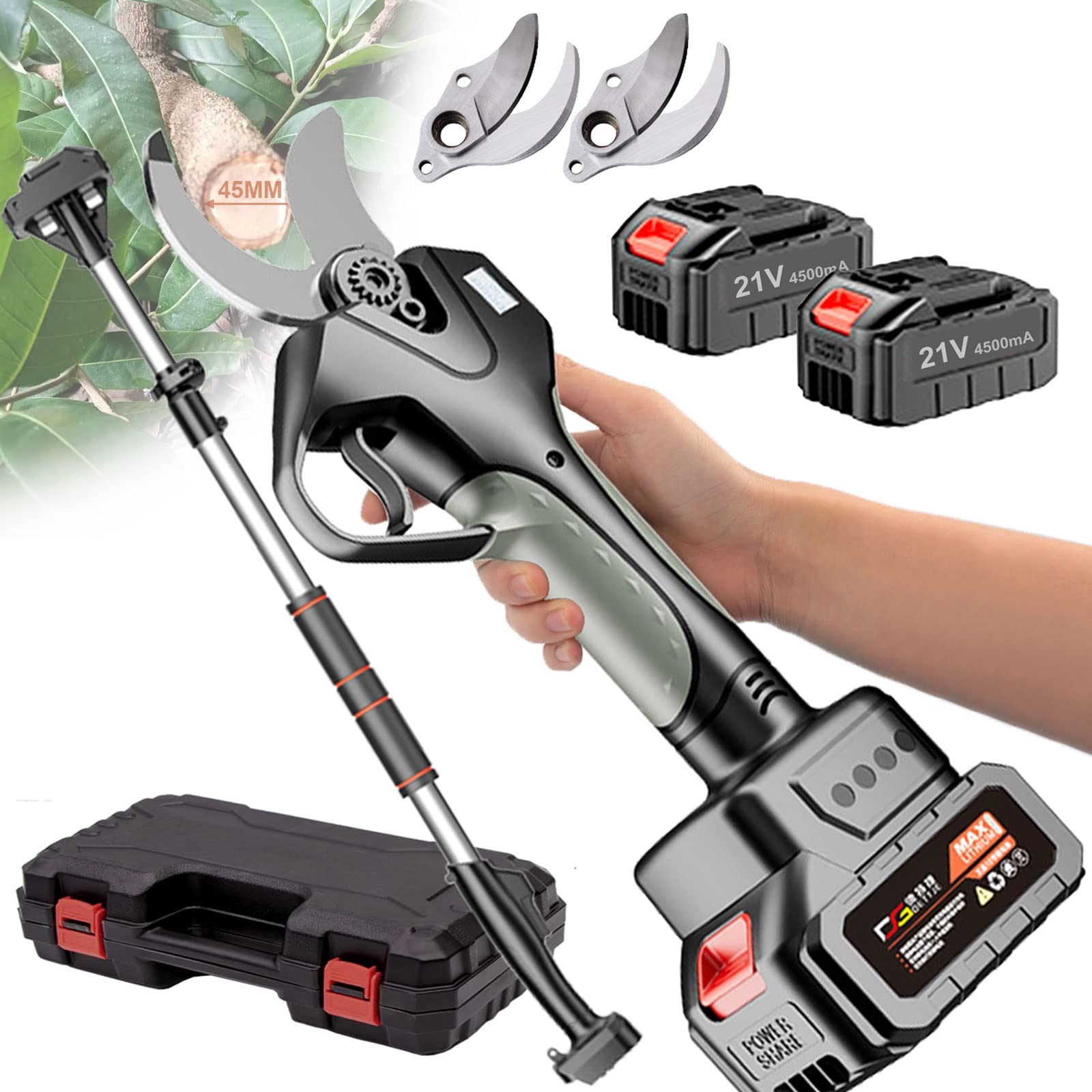 Tijeras de podar eléctricas Inalámbricas Podadora a batería 21V 4.5AH con Pértiga de extensión - Tijera eléctrica de jardinería - 45mm de diámetro de Corte (Color : 3 Battery, Size : 3 Blade)