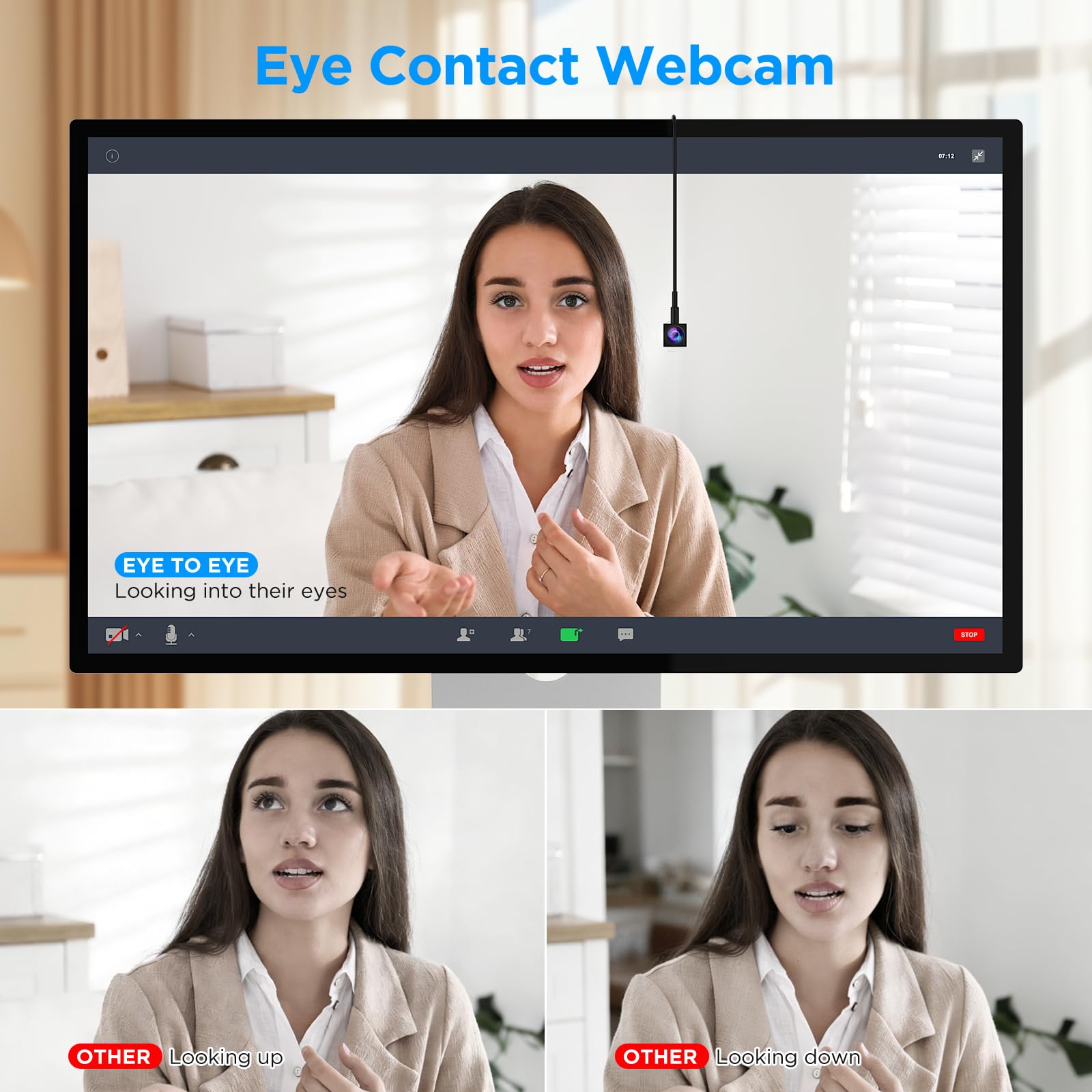 Uyissykia Eye Contact Webcam 1080P Auto Focus with Suction Cup of Center Screen, Web cam with Noise-Cancelling Microphone for PC and Laptop,Plug & Play USB Webcam for Zoom/Teams/Streaming — view 2