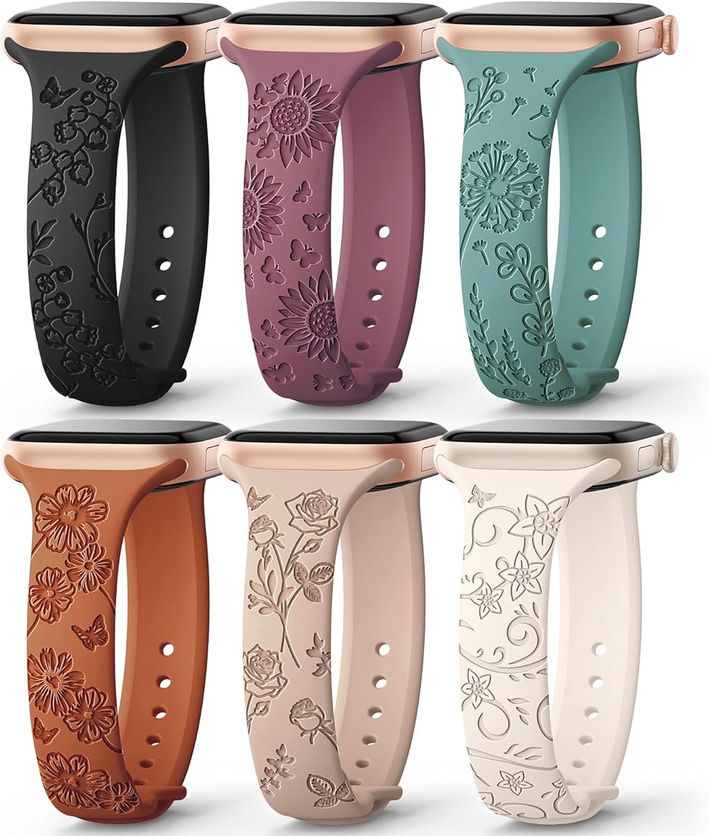 AMSKY 6 Pack Slim Floral Engraved Bands Compatible with Apple Watch Band 40mm 41mm 42mm 38mm 44mm 45mm 46mm 49mm for Women,Cute Silicone Sport Strap for iWatch Series 10 Ultra 9 8 7 6 5 4 3 2 1 SE