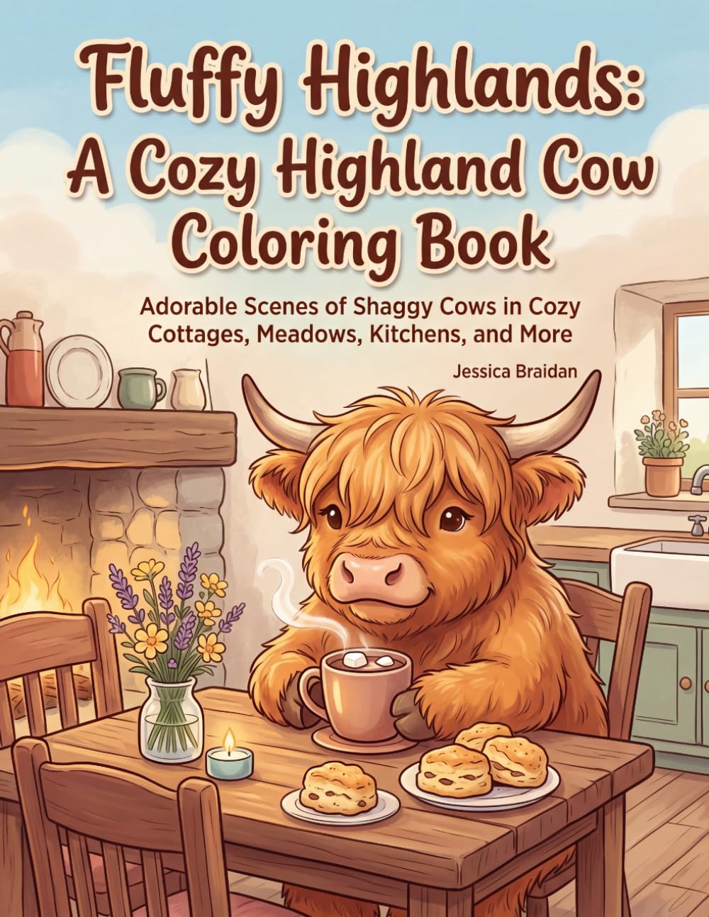 Fluffy Highlands: A Cozy Highland Cow Coloring Book: Adorable Scenes of Shaggy Cows in Cozy Cottages, Meadows, Kitchens, and More