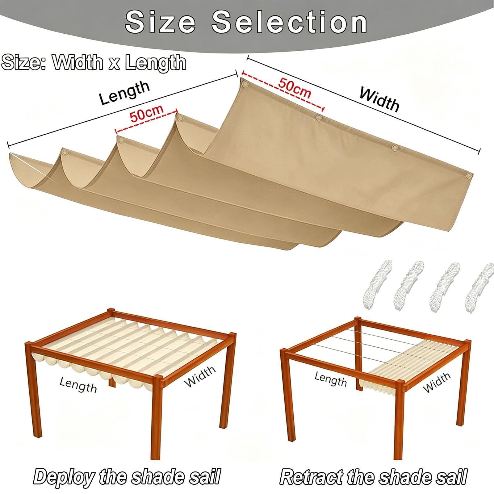 Toldo Retráctil 130 x 1150 cm Toldo de Onda a Medida, Impermeable, 98% Protección UV, Resistente Al Clima Vela Sombra Impermeable y Rectangular para Exterior Jardín, Caqui