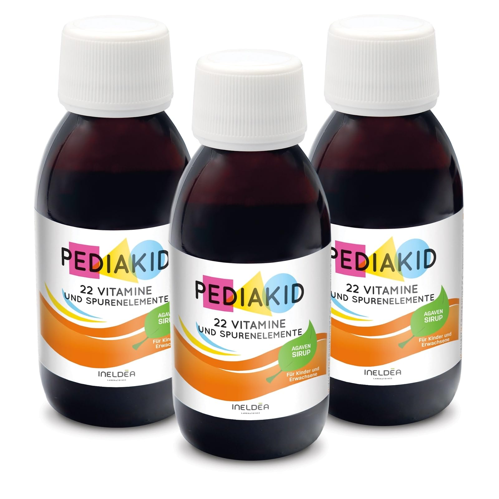PEDIAKID - Natürliche Nahrungsergänzung Sirup 22 Vitamine - Exklusive Formel mit Agavensirup - Optimiert die Vitamin- und Mineralstoffzufuhr - Packung mit 3 Fläschchen 125ml