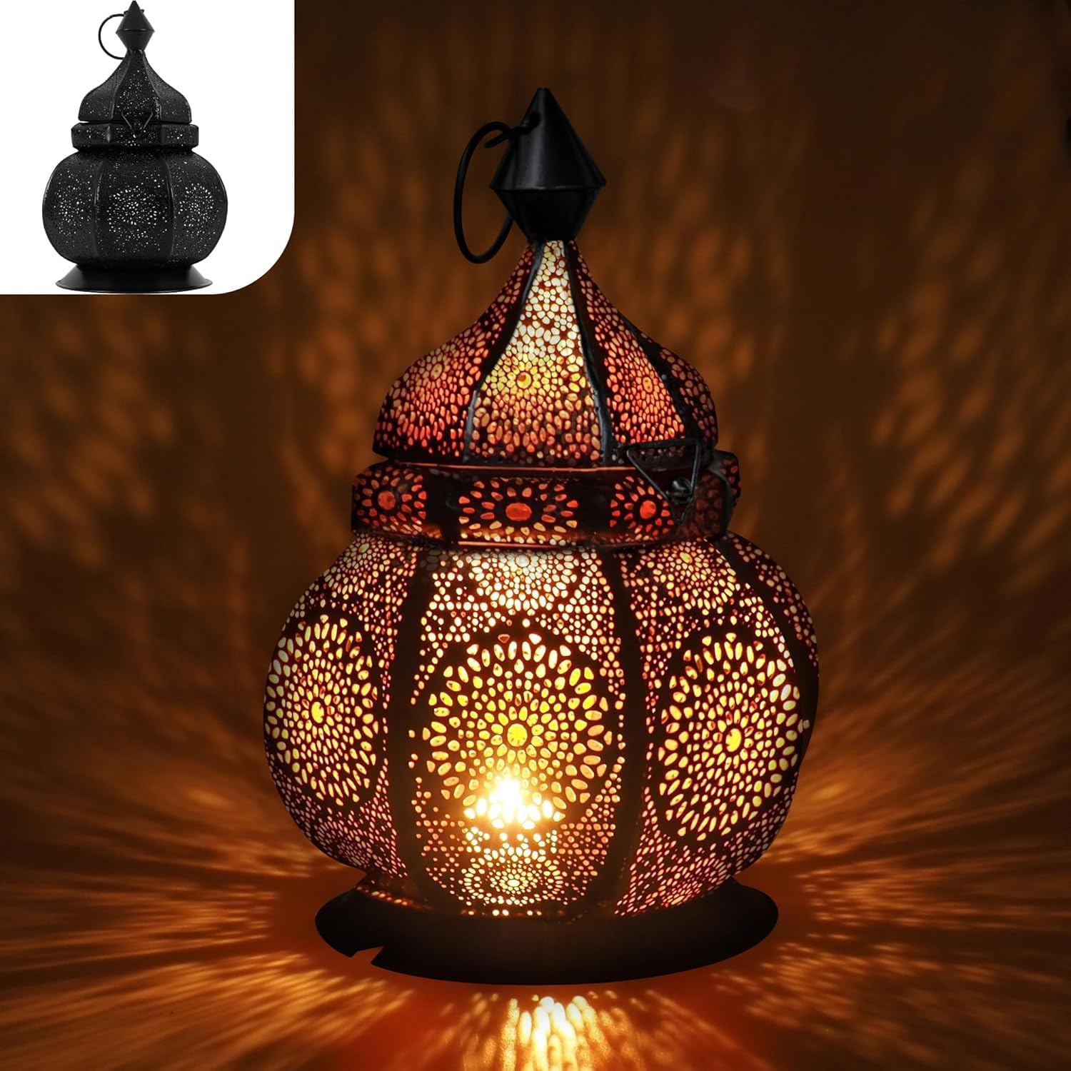Gadgy Lampa metalowa Oriental - marokańska lampa z efektem cienia - ręcznie robiona orientalna latarnia 26 cm, idealna jako dekoracja balkonu - dekoracja na Ramadan, latarnia do wewnątrz i na zewnątrz | Orientalny Lampion do Wnętrz i Ogrodu z Efektem Cien