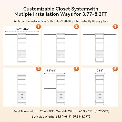 Miniatura 4 de Sistema de armario de metal, sistema de organizador de armario personalizado de 4 pies a 8 pies con 5 varillas colgantes expandibles y torre de