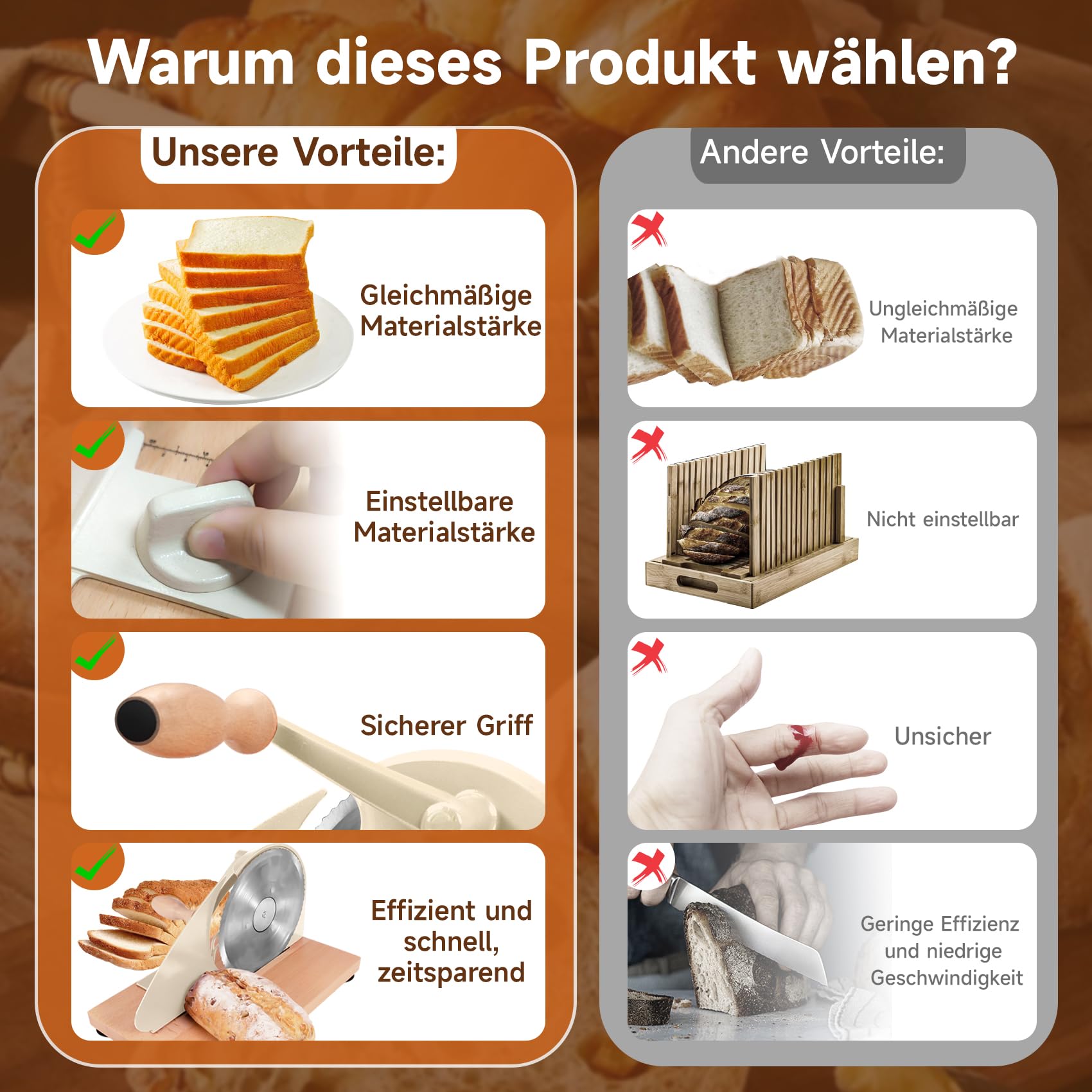 Brotschneidemaschine Manuell mit Handkurbel, Brotschneider 0–23 mm, Verstellbare Schnittstärke, Edelstahlklinge, Führungsschiene, Saugnäpfe, für Sauerteigbrot, Toast, Baguette