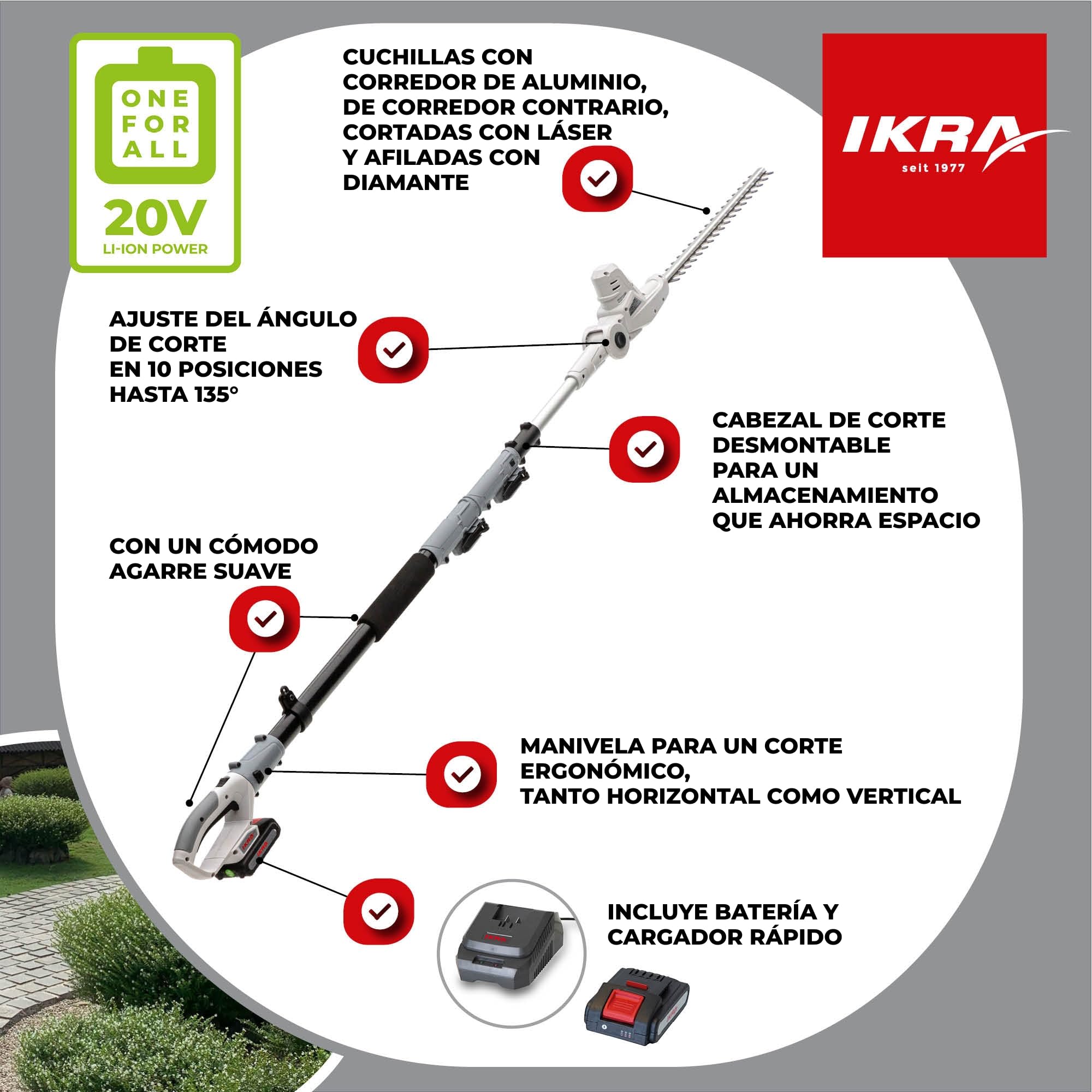 IKRA cortasetos telescópico ICPH 2040, incl. 2 baterías y cargador rápido | Telescópico de 220 a 275 cm, ajuste de ángulo hasta 135°, longitud de corte de 40 cm, gama de baterías de 20 V de IKRA