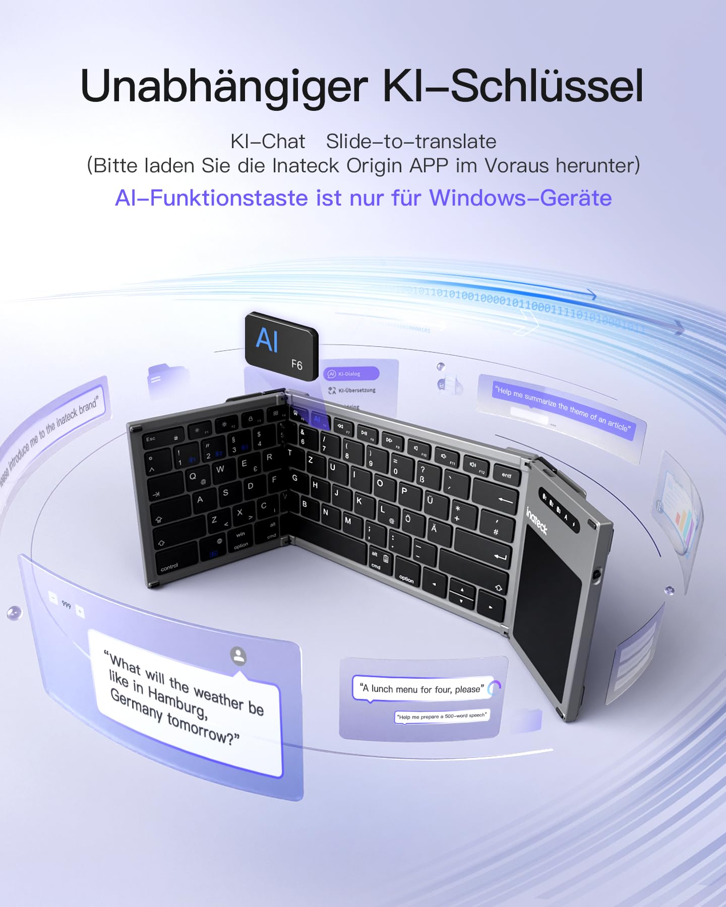 Inateck Faltbare Mini Tastatur, KI-Funktion mit Touchpad,3 Bluetooth-Kanälen, kompatibel mit iPadOS Android, Windows, QWERTZ, KB06101
