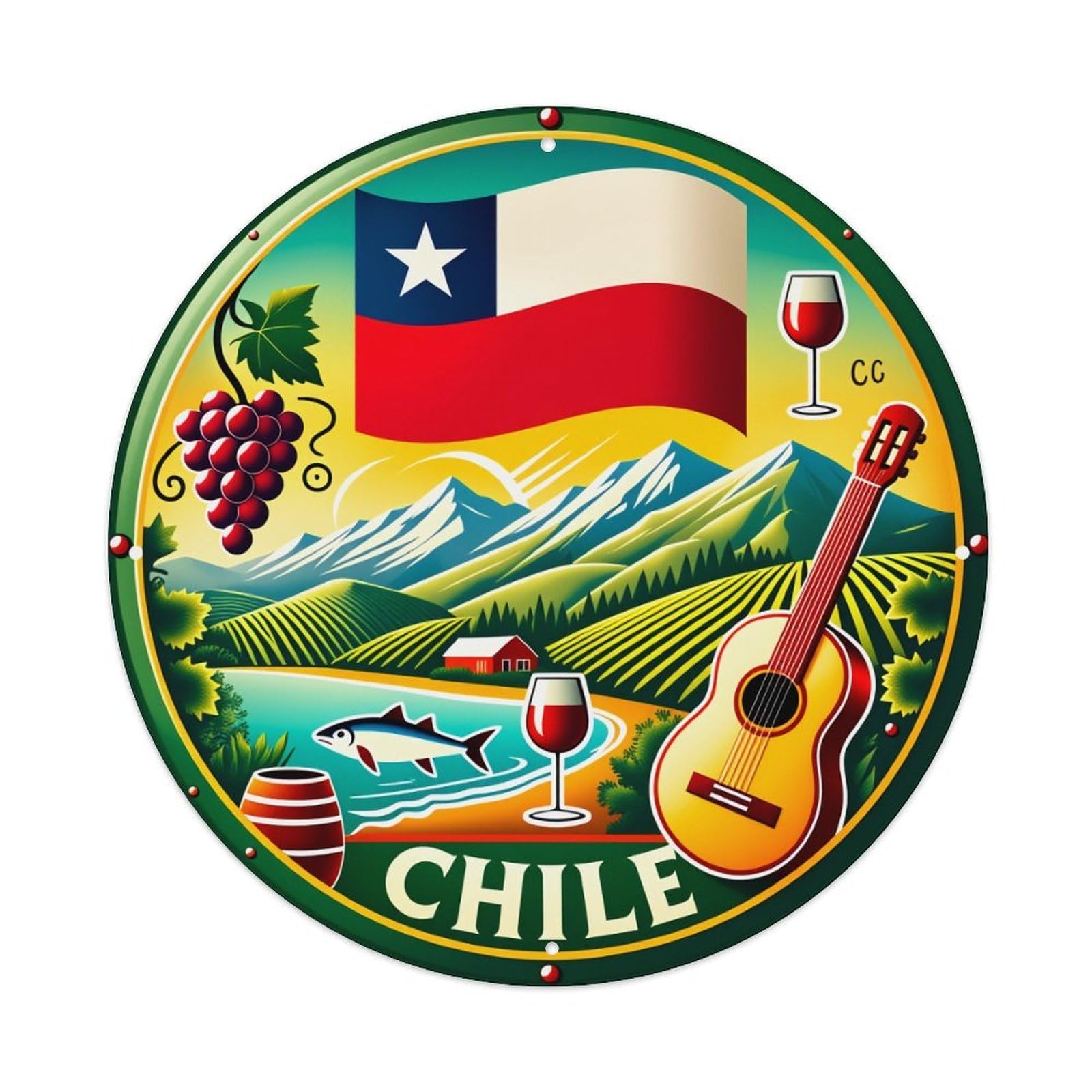Chile Flag Mountains Vineyard Guitar Metal Tin Sign Vintage Garden Bedroom Cafe Bar Man Cave Home Wall Decor Metal Poster 8x8 inches