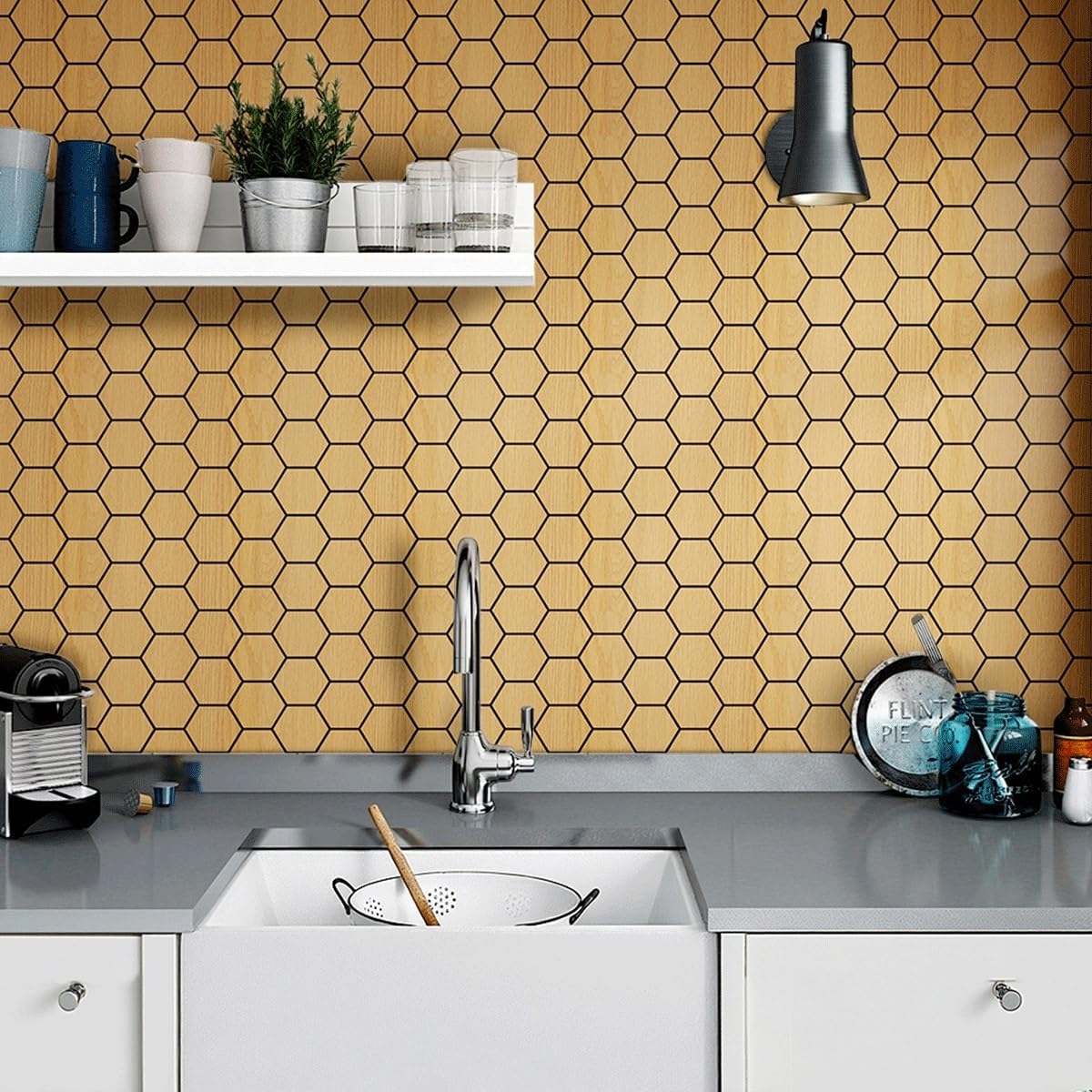 Hexagonal Tile Wallpaper, Kitchen & Bathroom Self-Adhesive Mosaic Tiles with Waterproof Performance(Yellow)