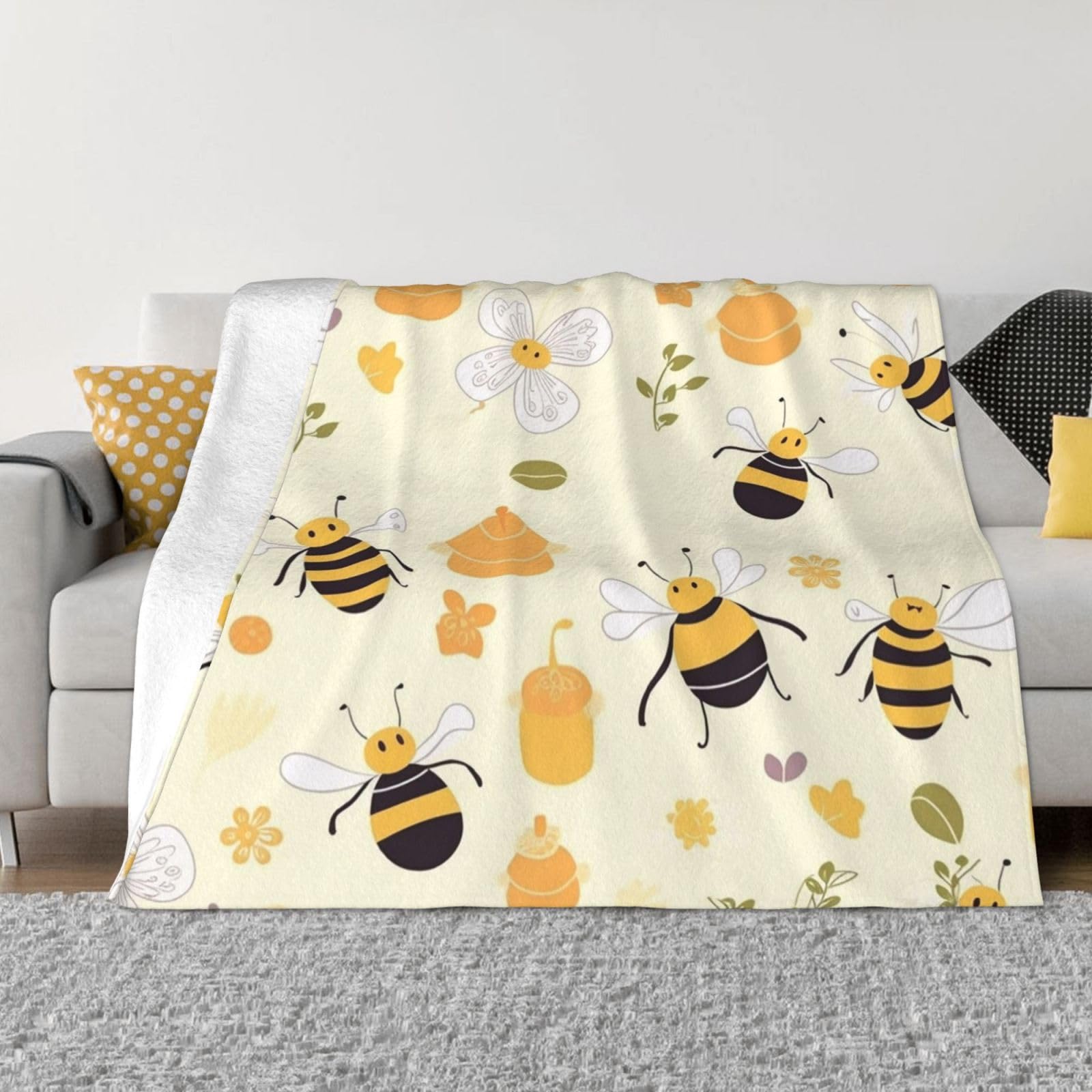 Couverture polaire abeilles en flanelle douce 203x152 cm pour lit et canapé